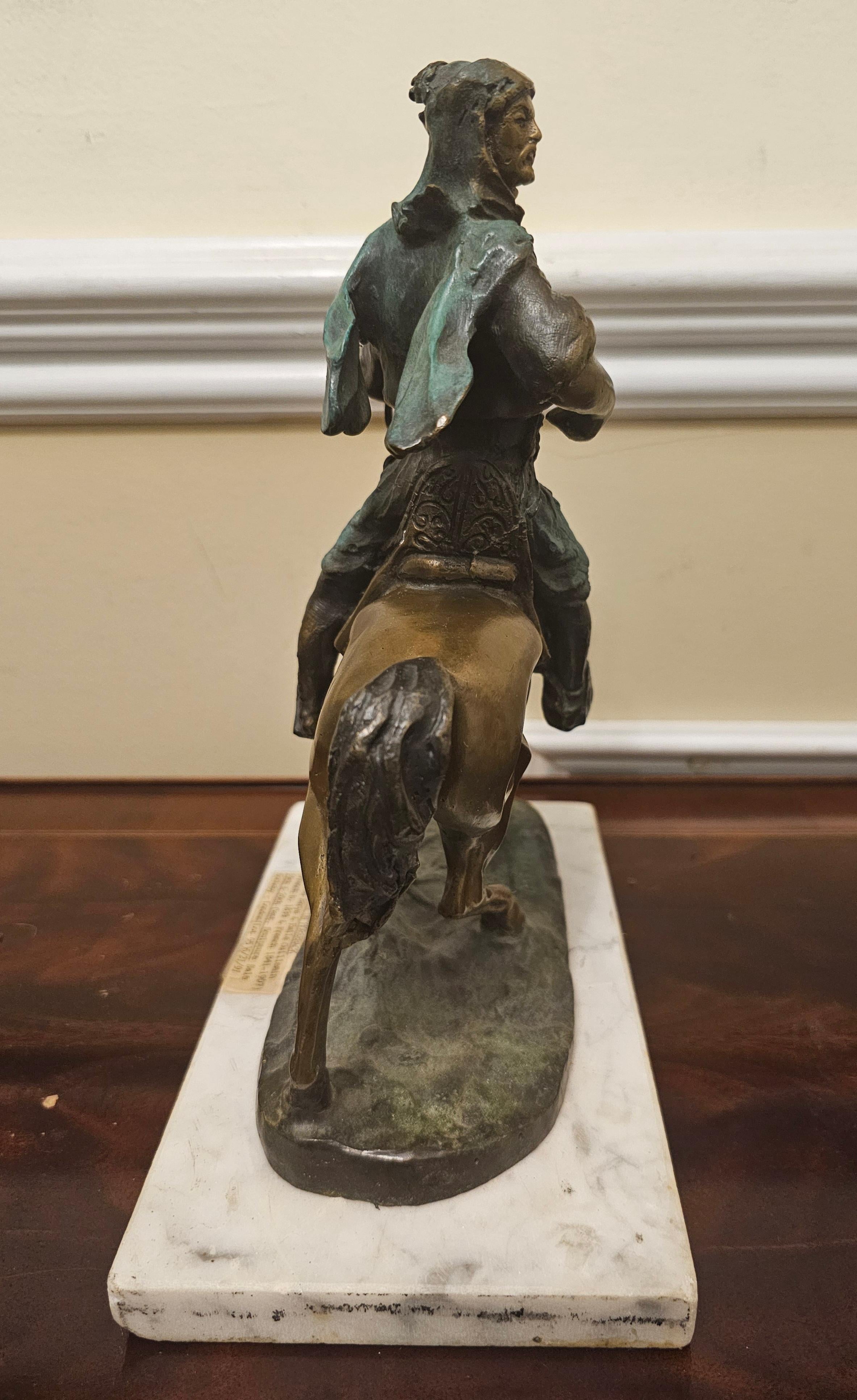 A Barye & Emile Guilemin Patinated Verdigris Bronze Arab Hunter on Horseback  In Good Condition For Sale In Germantown, MD