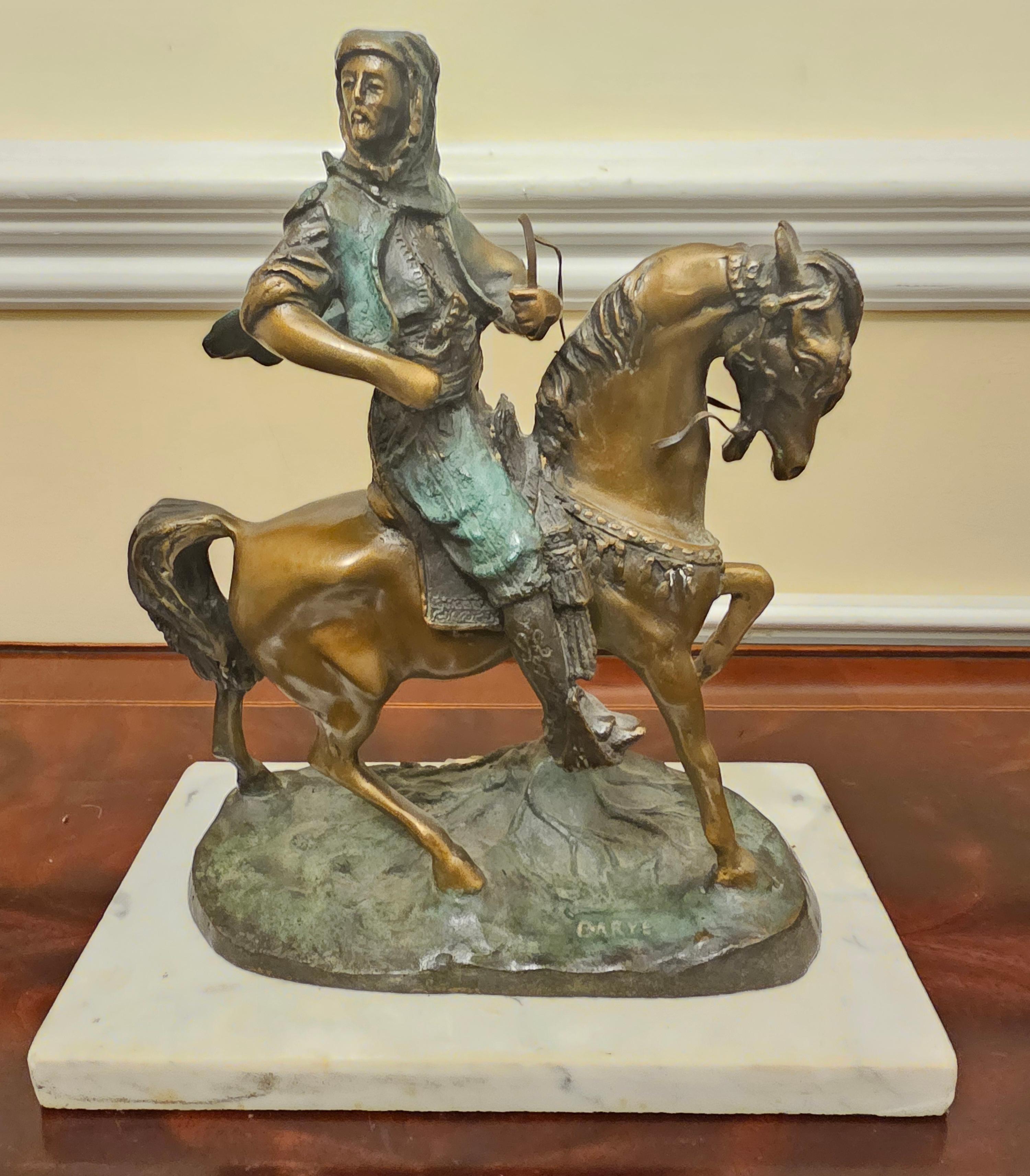 A Barye & Emile Guilemin Patinated Verdigris Bronze Arab Hunter on Horseback  For Sale 1