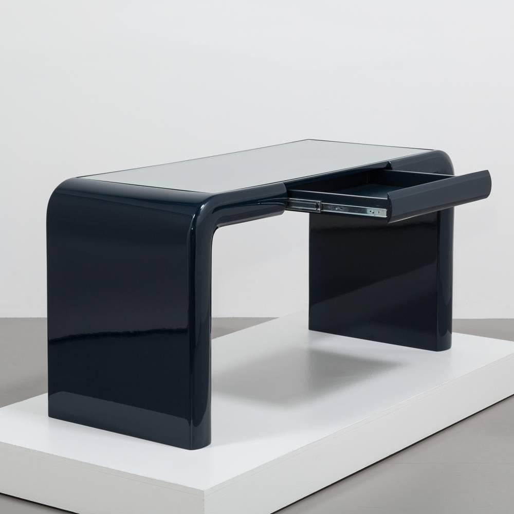 A Basalt Lacquered Waterfall Desk/Vanity Table 1970s desk in the manner of Jean-Michel Frank. Having a glass inset top makes this a very practical and elegant desk. Lacquered to a very high standard by Talisman.