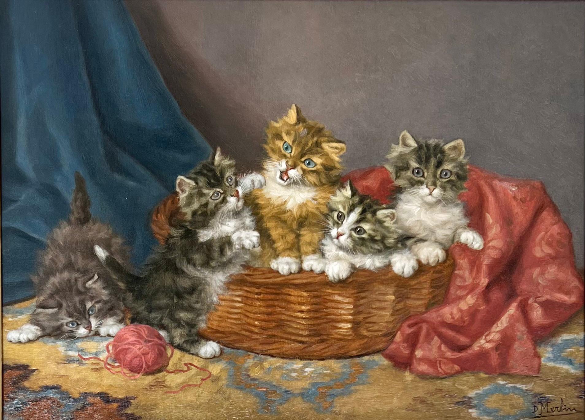 Oil on canvas, signed lower right and presented in a beautiful gilt frame. 
Daniel Merlin (French 1861-1933) was well known for his paintings of kittens at play. This painting is in excellent condition and ready to hang.
 