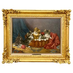 Antique "a Basket of Kittens" by Daniel Merlin