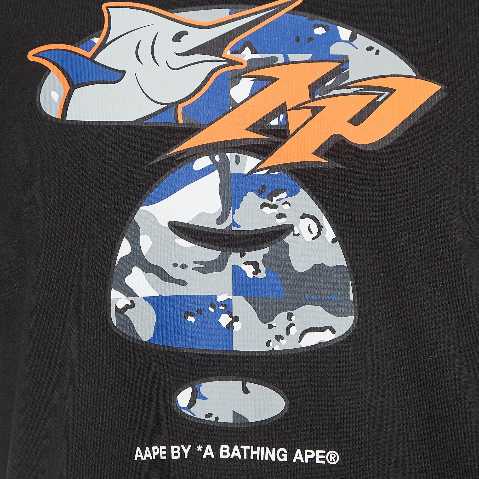 A Bathing Ape Black Printed Cotton Knit Crew Neck T-Shirt L In Good Condition For Sale In Dubai, Al Qouz 2