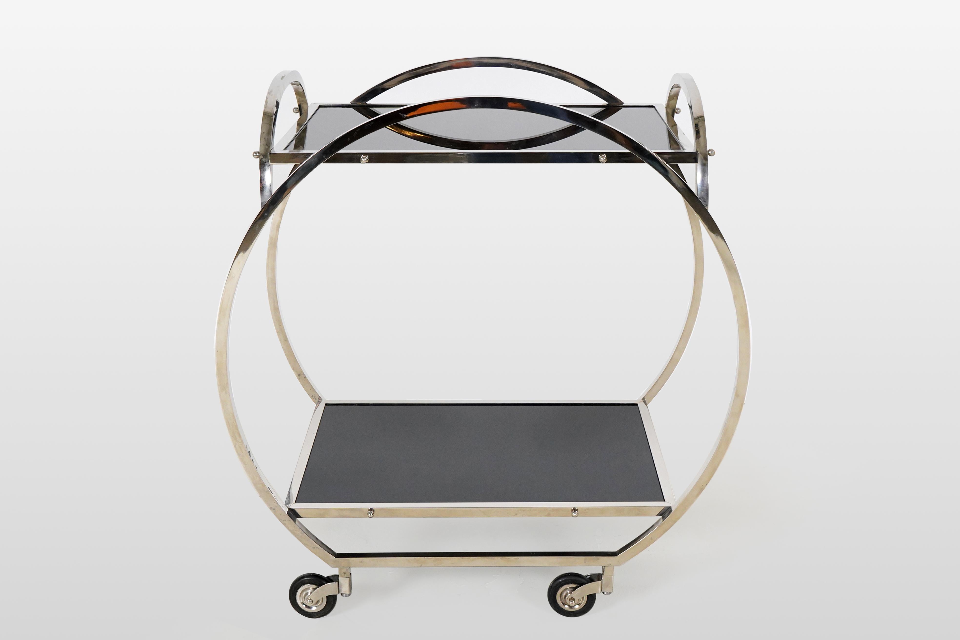 Hungarian Bauhaus-Inspired Bar Cart with Chrome Frame and Glass Shelves For Sale