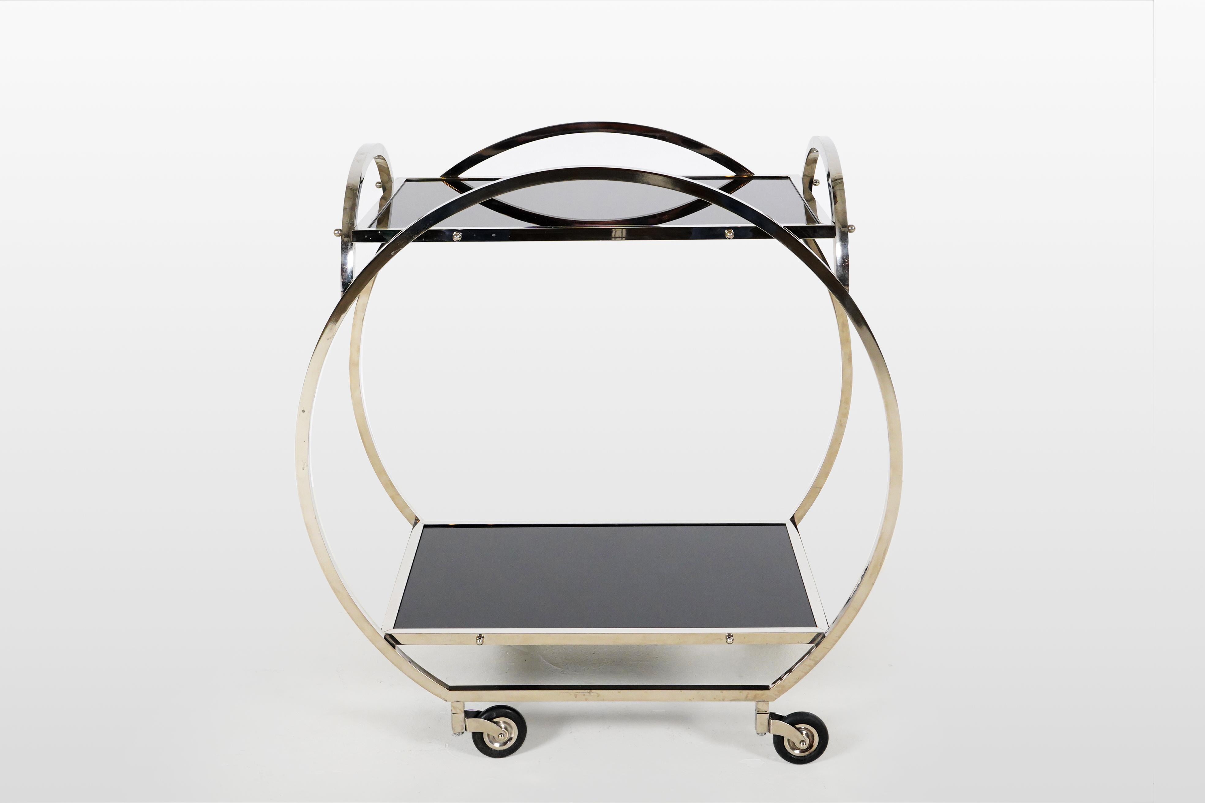 20th Century Bauhaus-Inspired Bar Cart with Chrome Frame and Glass Shelves For Sale