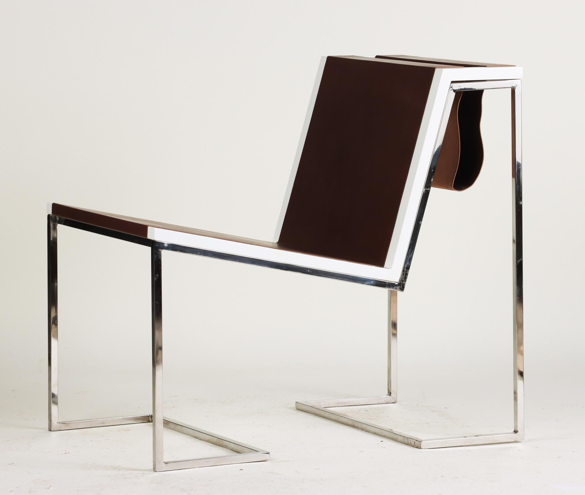 Bauhaus Minimal Inspired Leather and Stainless Steel Chair with Magazine Sling For Sale 2