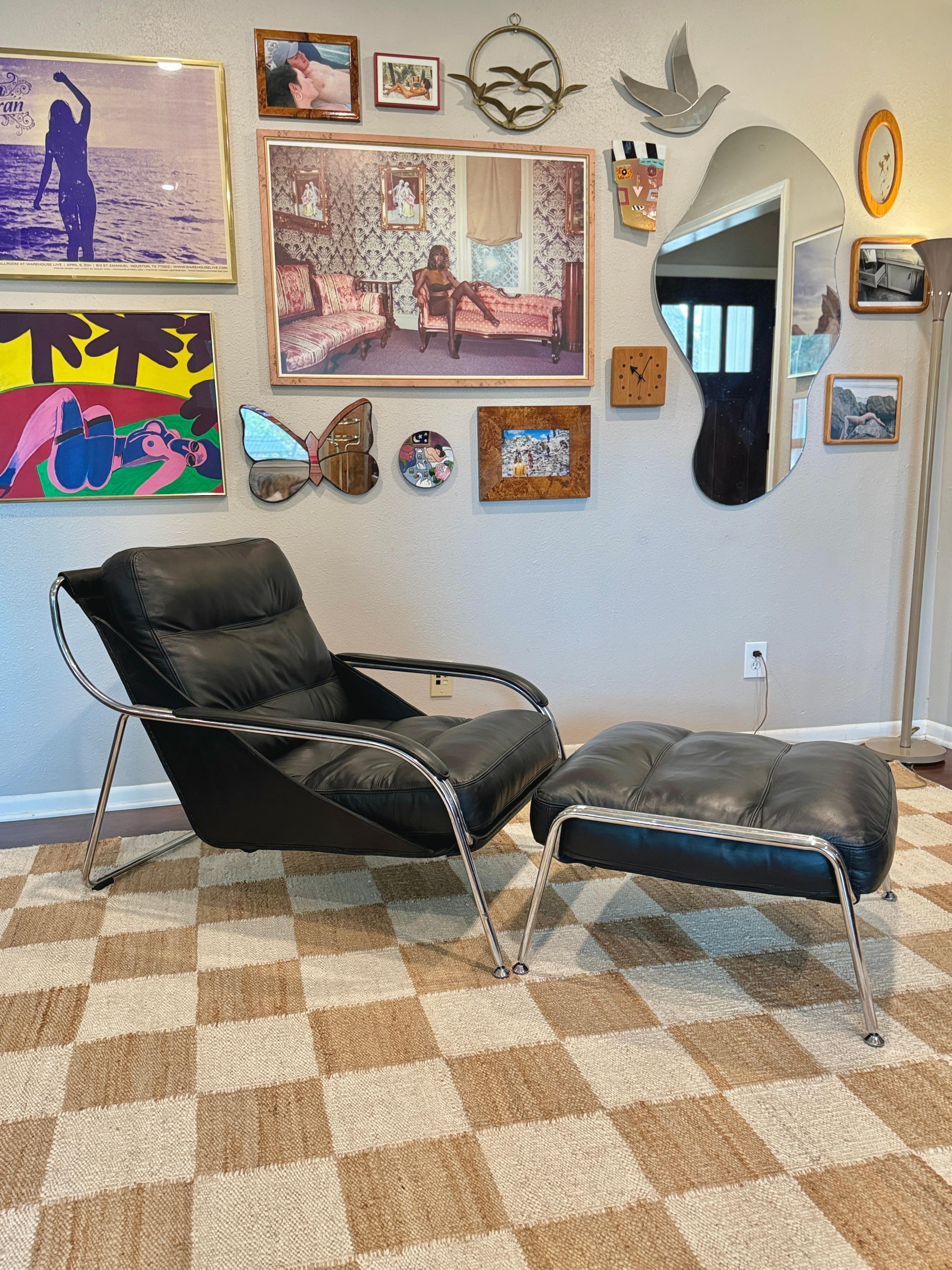 A bauhaus style black leather and chrome lounge chair and ottoman 5