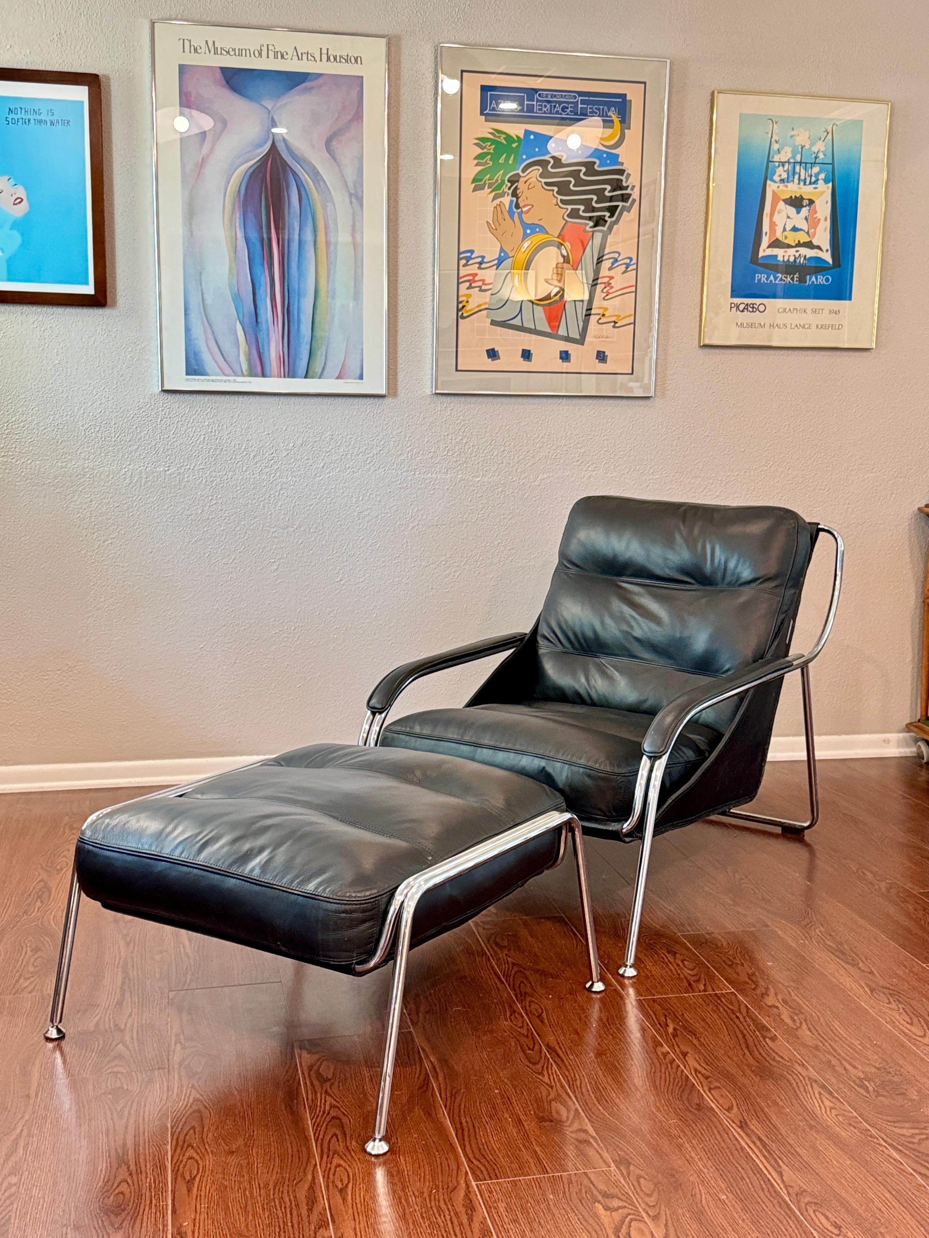 A bauhaus style black leather and chrome lounge chair and ottoman In Good Condition In Houston, TX