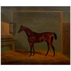 “A Bay Racehorse in Stable” '1832' Antique English Painting by James Loder
