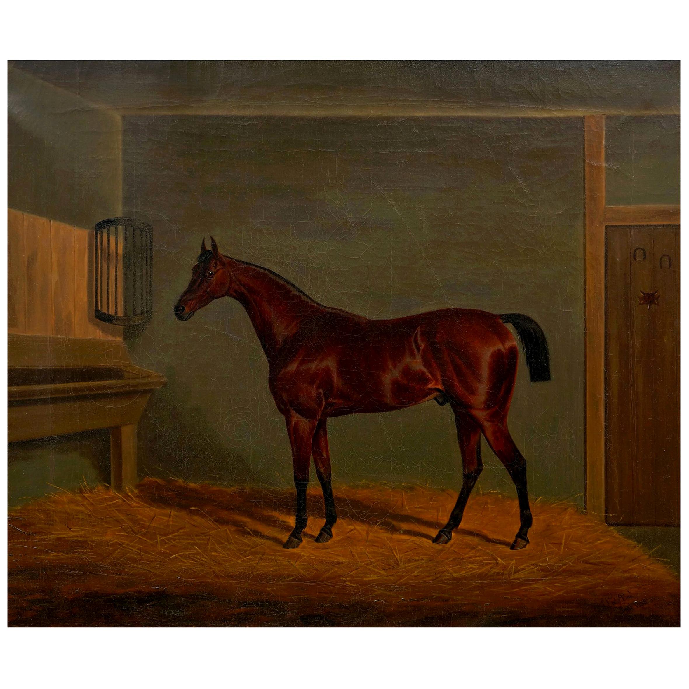 “A Bay Racehorse in Stable��” '1832' Antique English Painting by James Loder