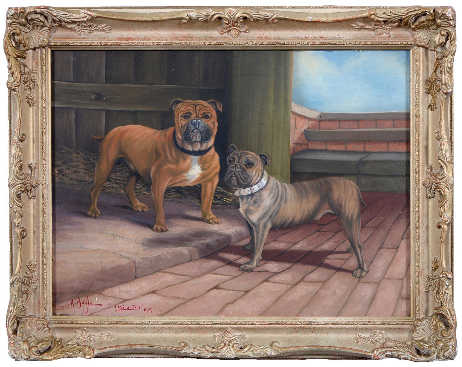 A. Bayle Animal Painting - Fine English Dog Painting Portrait of Staffordshire Bull Terriers 'Tess & Jim'