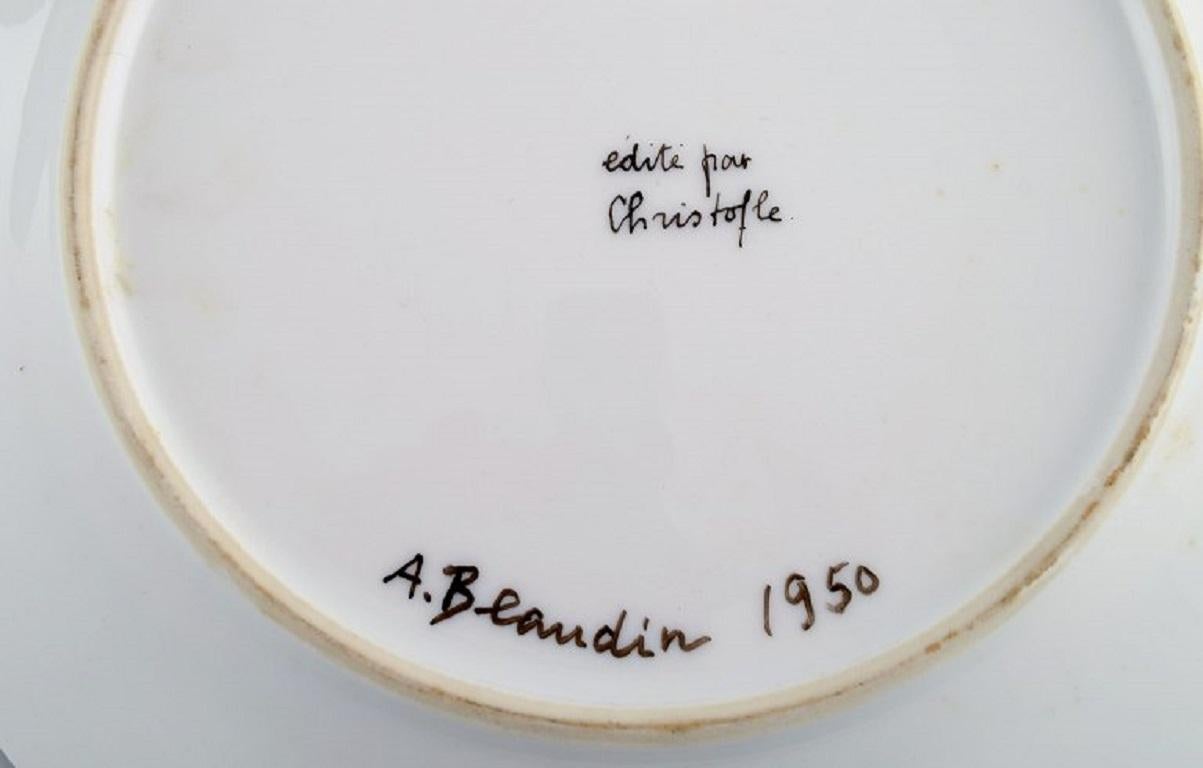 French A. Beaudin for Christofle, Four Dinner Plates in Hand-Painted Porcelain