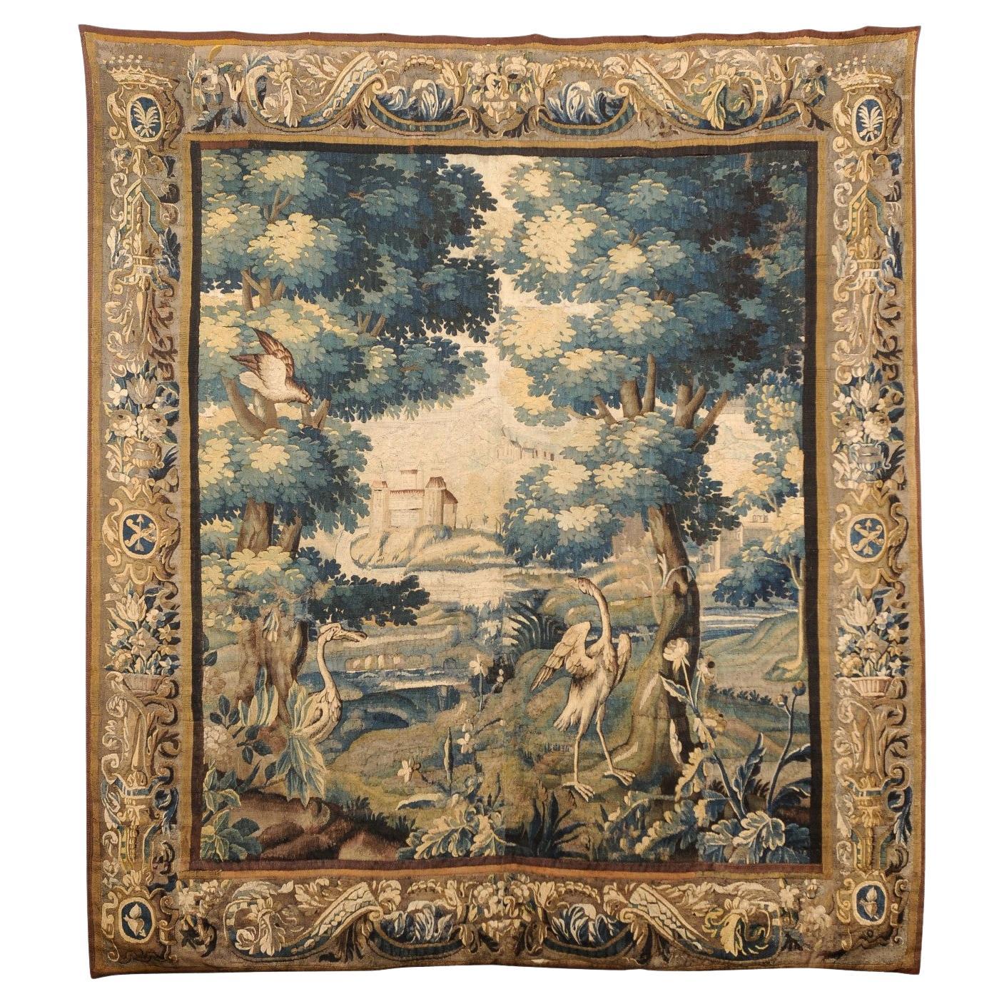 Beautiful 18th C. Hand-Woven Flemish Verdure Wall Tapestry For Sale