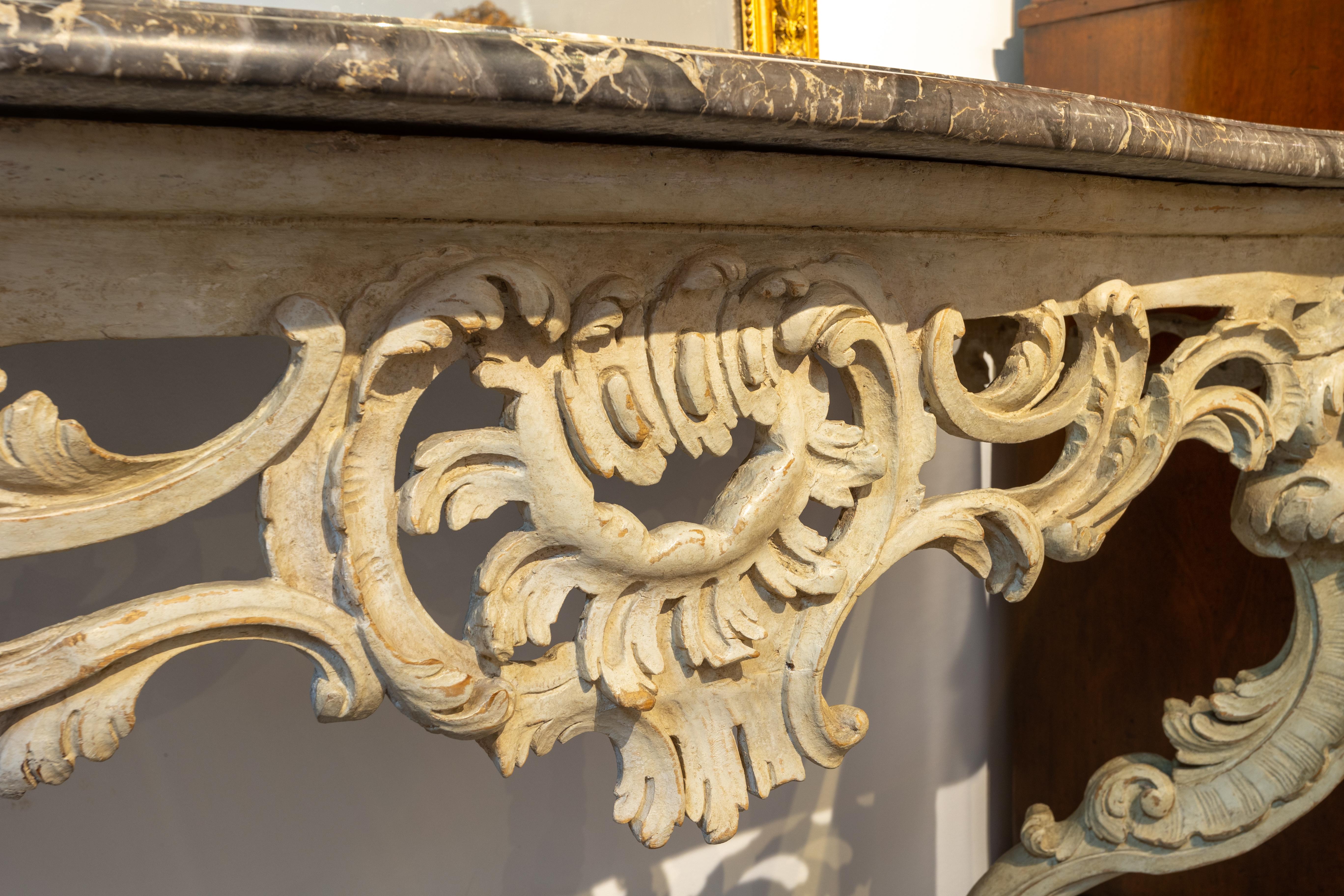 French Beautiful 18th Century White Painted Louis XV Marble Top Console For Sale