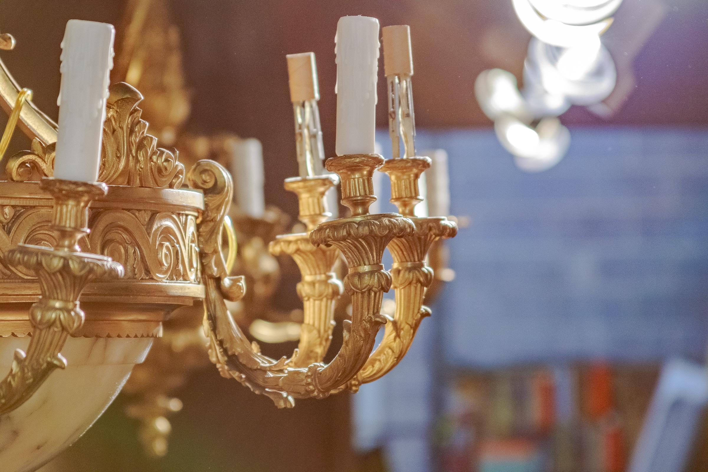 Beautiful 19th Century Alabaster and Gilt Bronze French Louis XVI Chandelier In Excellent Condition For Sale In Dallas, TX