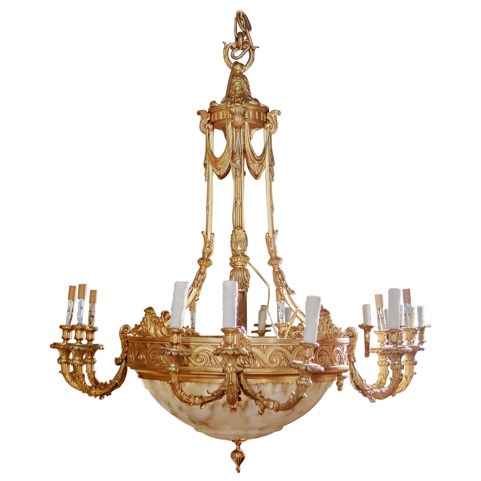 Beautiful 19th Century Alabaster and Gilt Bronze French Louis XVI Chandelier