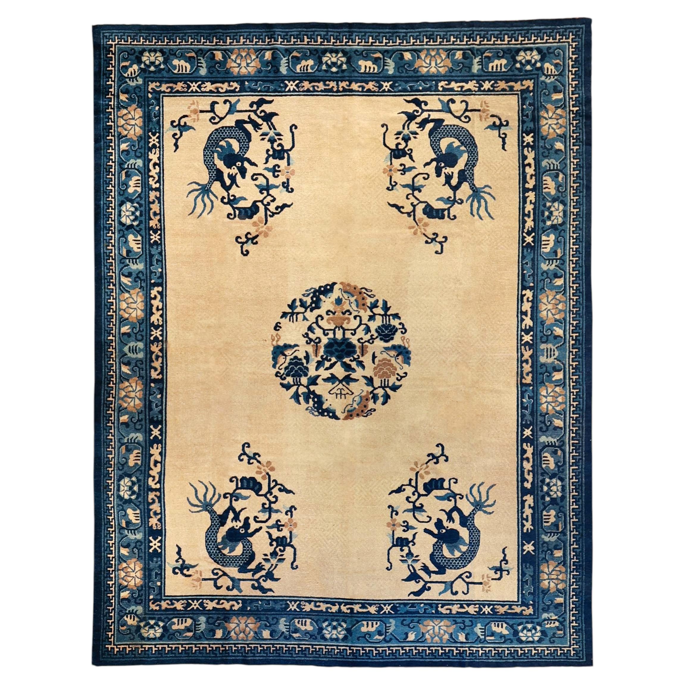 A Beautiful 19th Century Ningxia Chinese Dragon Ivory Rug