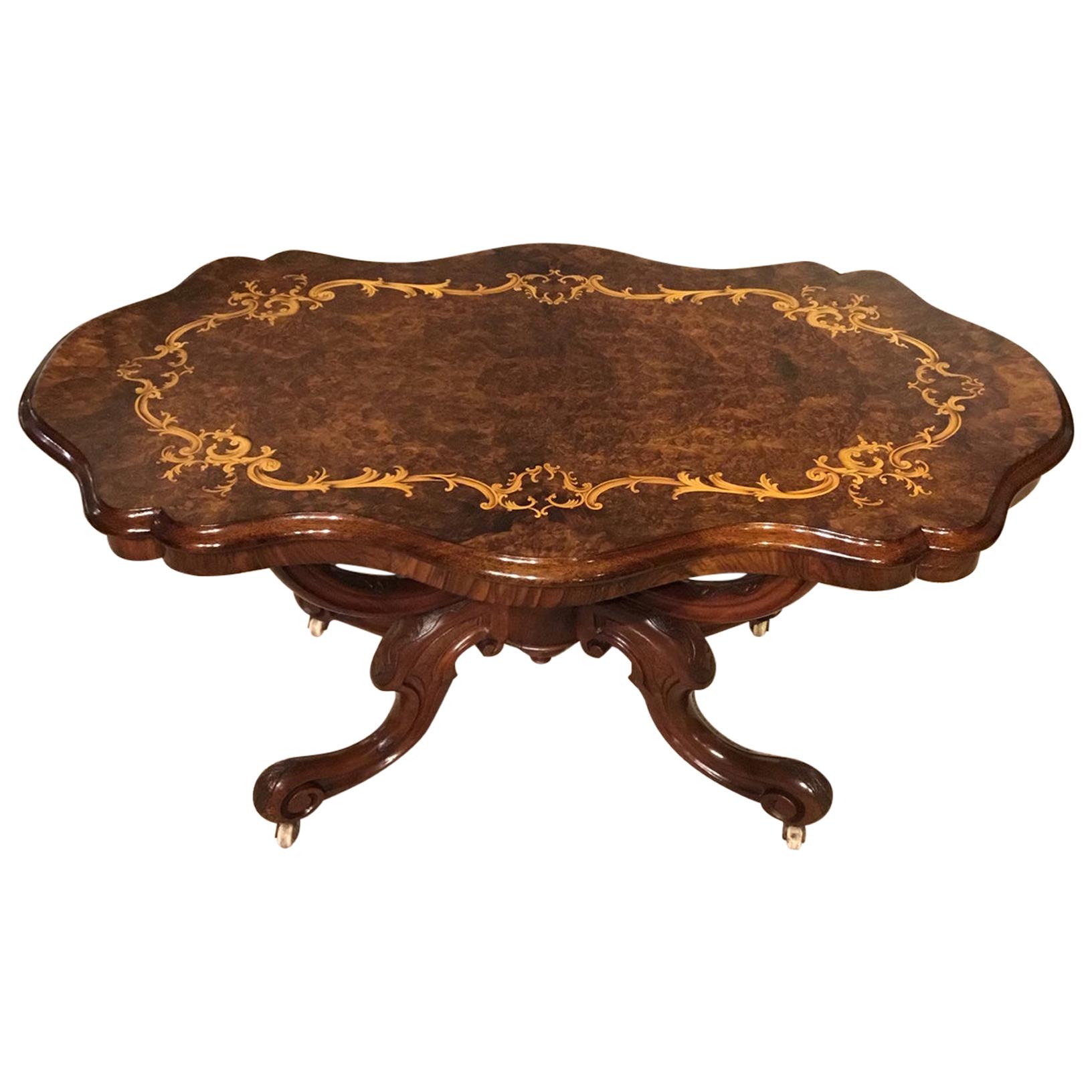 A beautiful burr walnut Victorian shaped coffee table For Sale
