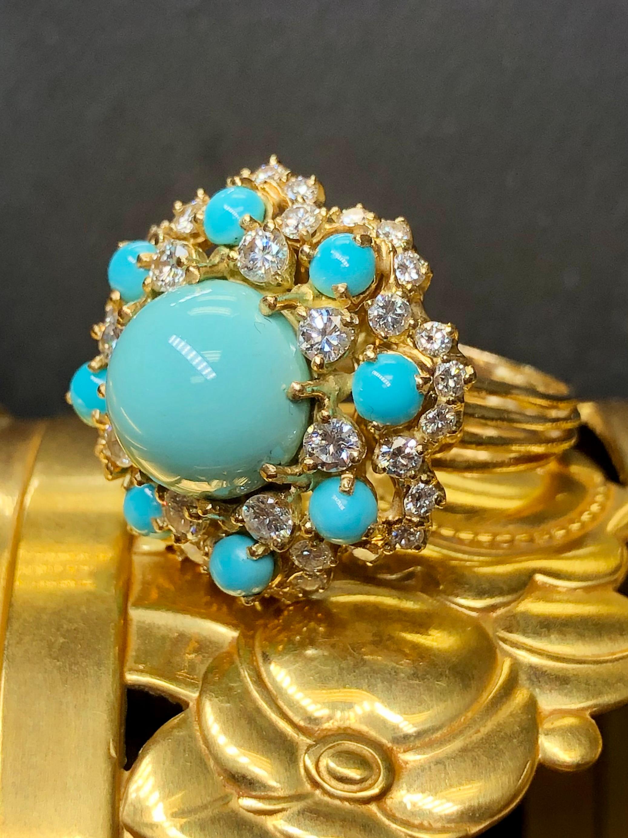 A beautiful cocktail ring crafted in 18K yellow gold comprised of natural cabochon turquoise as well as approximately 1.92cttw in F-H color Vs1-2 clarity round diamonds prong set throughout. This one really is a stunner.


Dimensions/Weight:

Ring