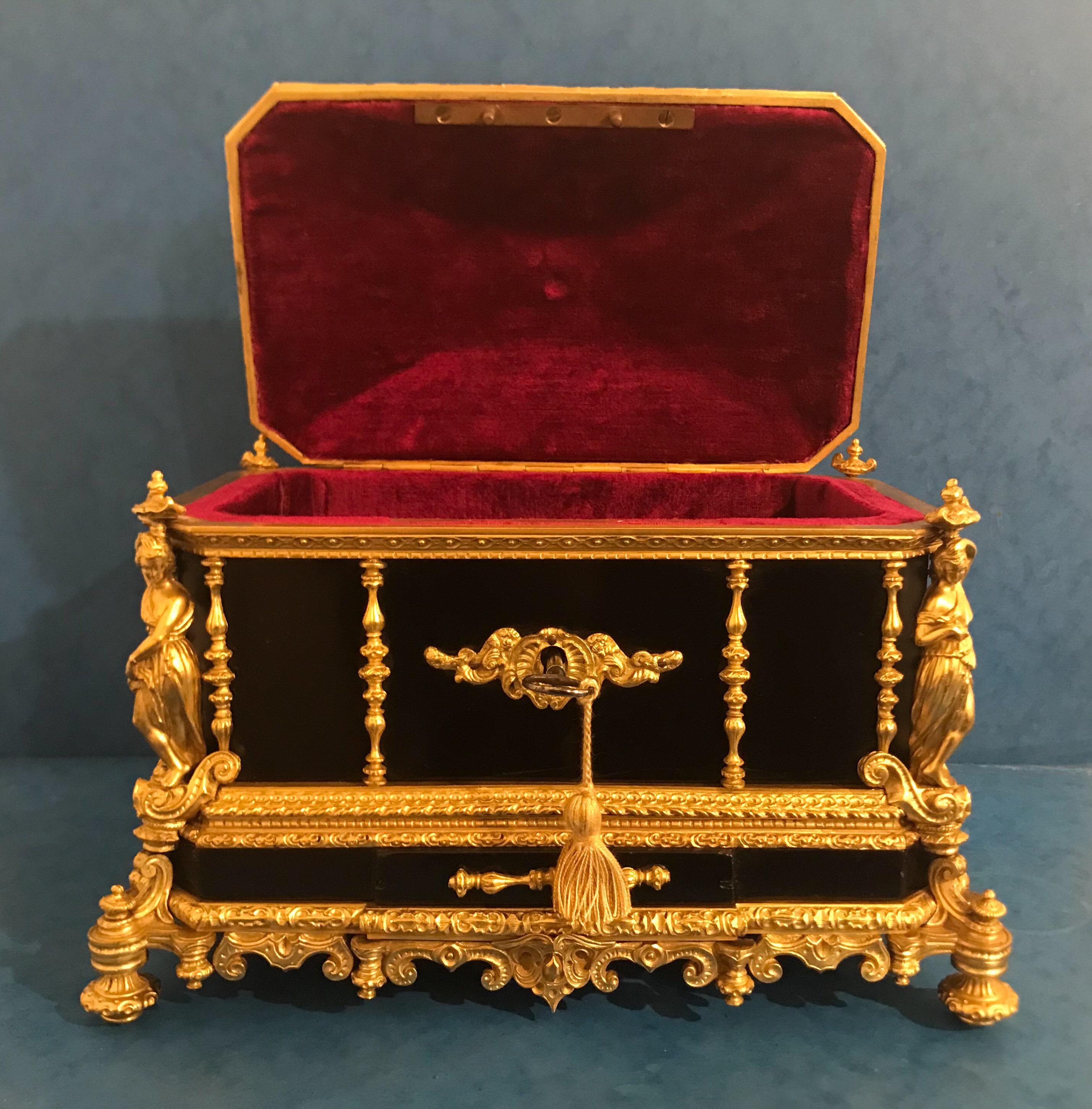 Lacquered Beautiful Decorative French 1830 Ebony and Ormolu Sarcophagus Box