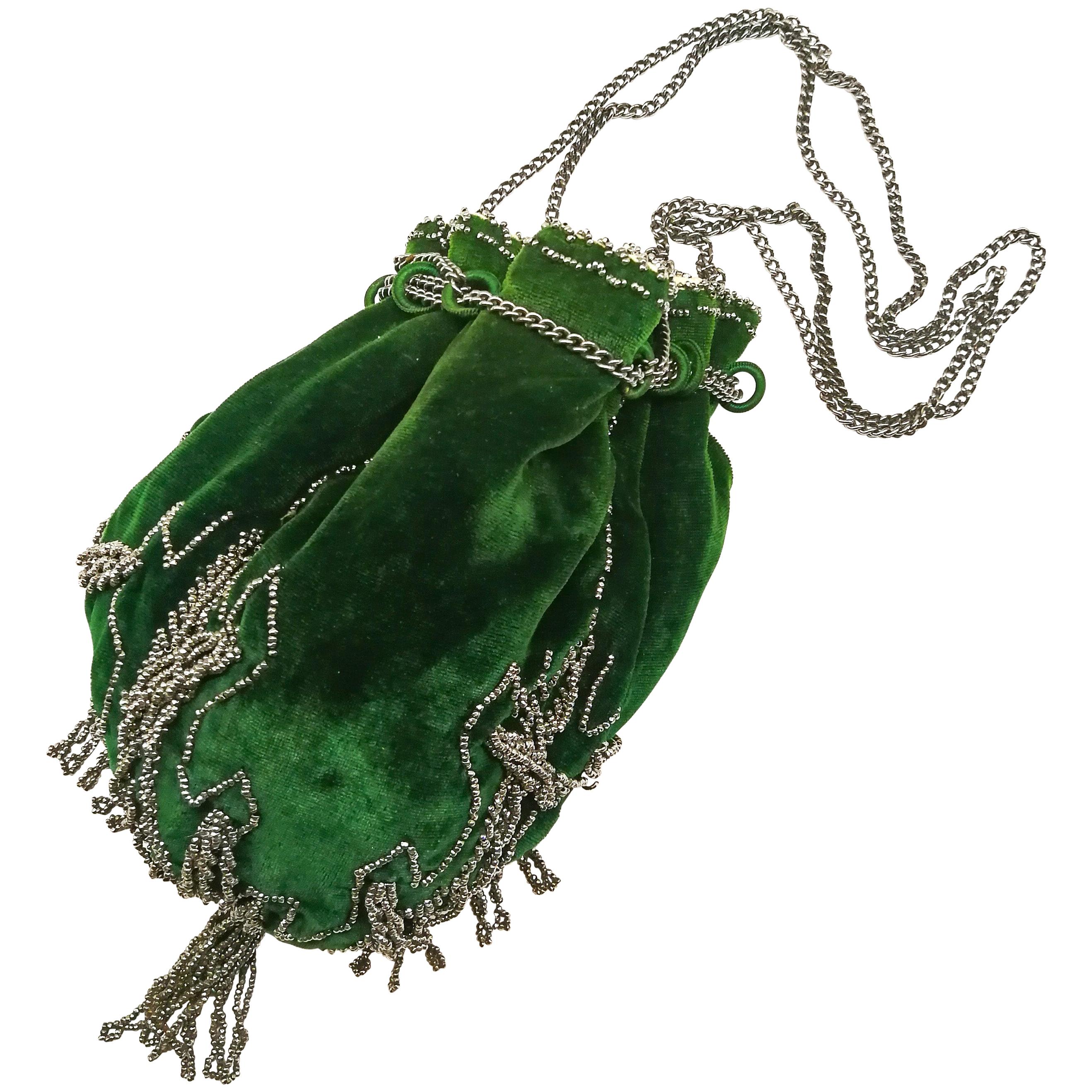 A beautiful deep green velvet and cut steel drawstring handbag, French, 1900s