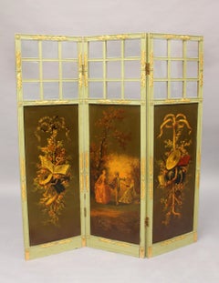 A Beautiful Early 20th Century Gilt and Painted Wood Three Panel Floor Screen