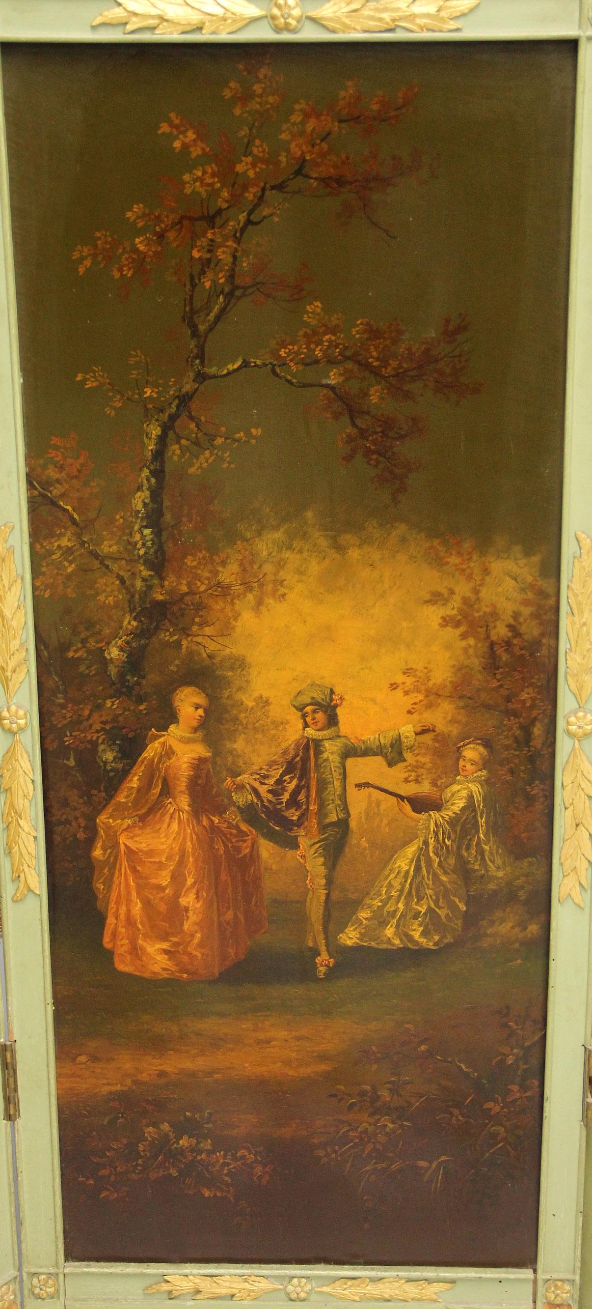 Hand-Painted A Beautiful Early 20th Century Gilt and Painted Wood Three Panel Floor Screen For Sale