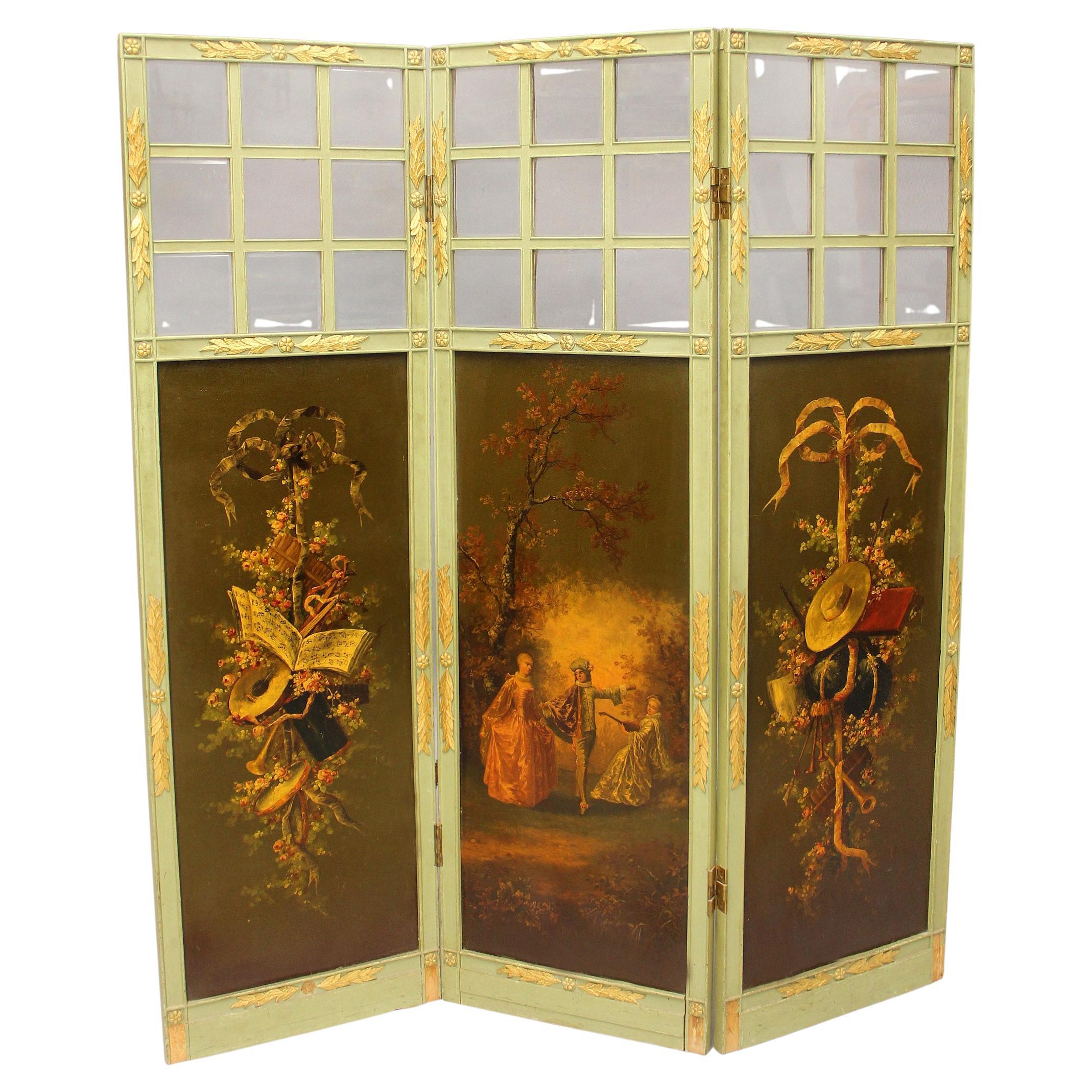 A Beautiful Early 20th Century Gilt and Painted Wood Three Panel Floor Screen