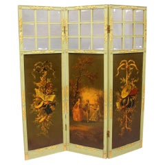 A Beautiful Early 20th Century Gilt and Painted Wood Three Panel Floor Screen