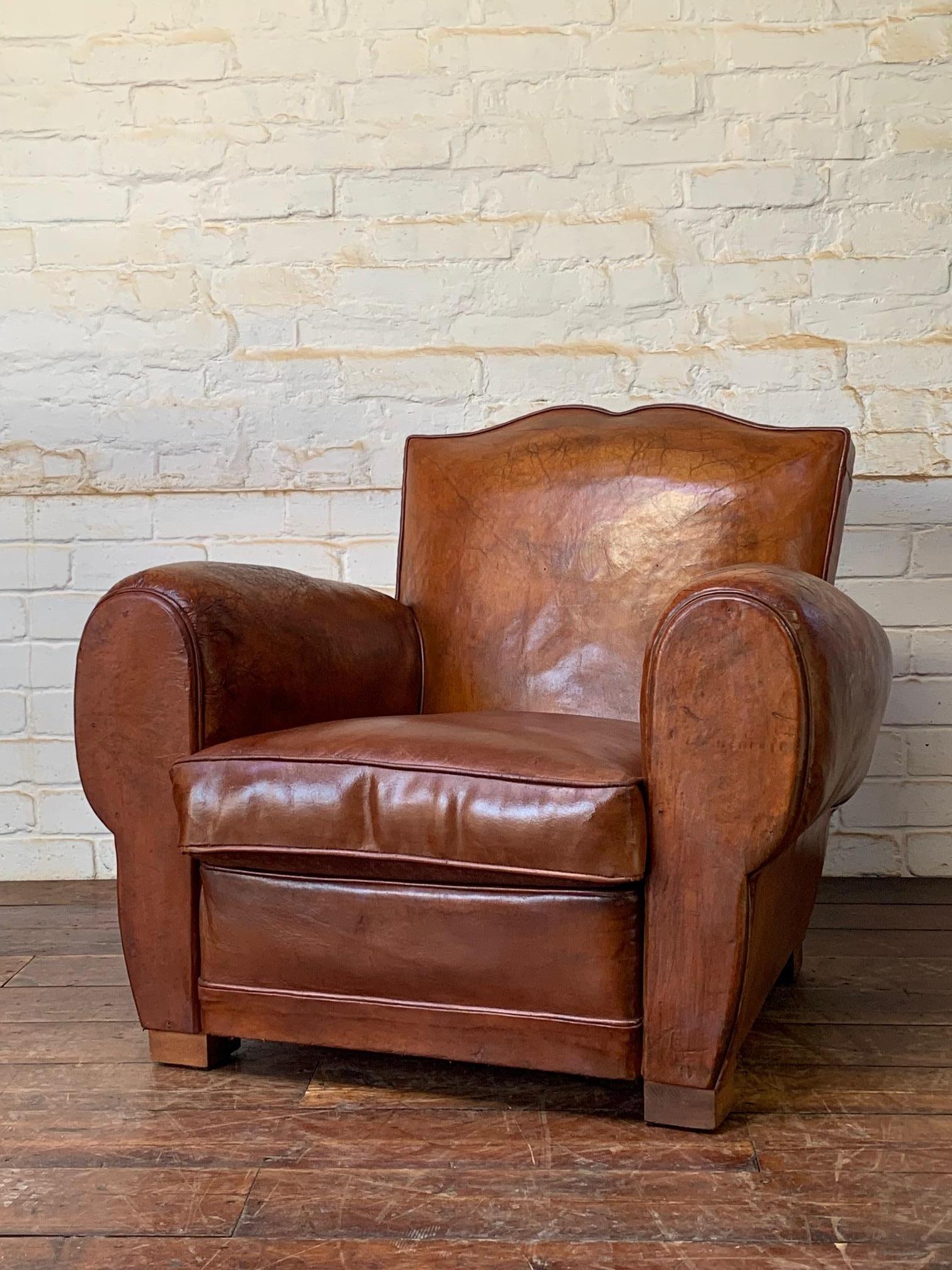 A Beautiful French Leather Club Chair Caramel Moustache, with Cuban Cigar Arms 7