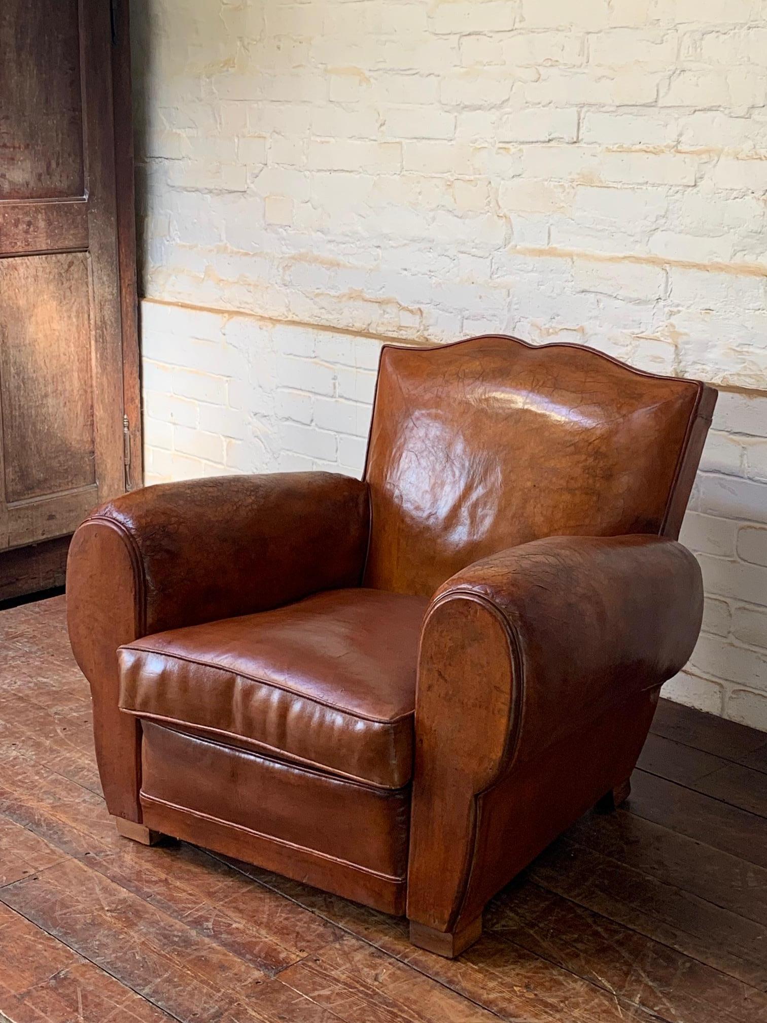 A Beautiful French Leather Club Chair Caramel Moustache Model with Cuban Cigar Arms C1930’s

This beautiful and well-proportioned chair in this particular colour has now become incredibly rare. The colour of the original leather has aged wonderfully