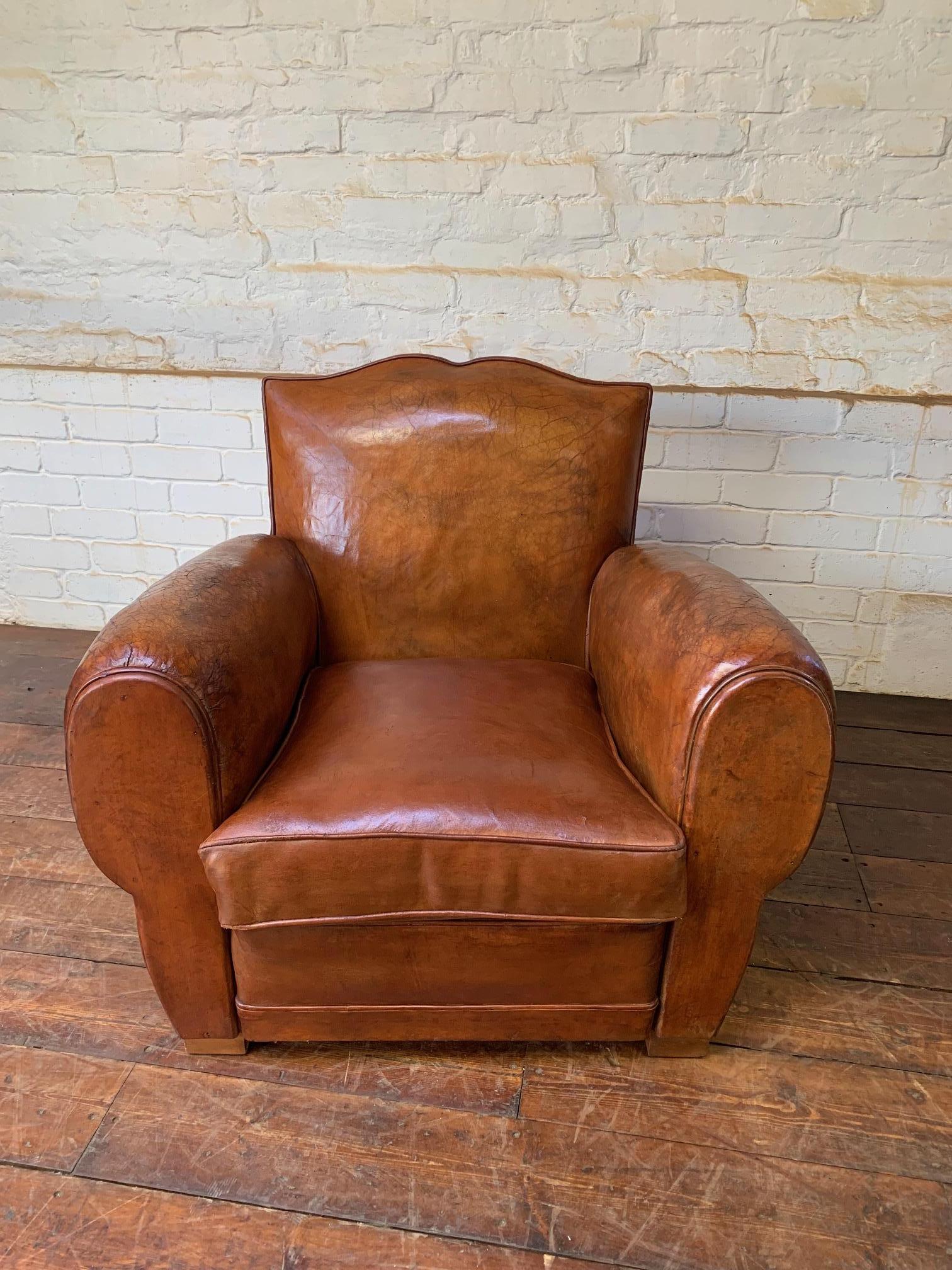 Art Deco A Beautiful French Leather Club Chair Caramel Moustache, with Cuban Cigar Arms