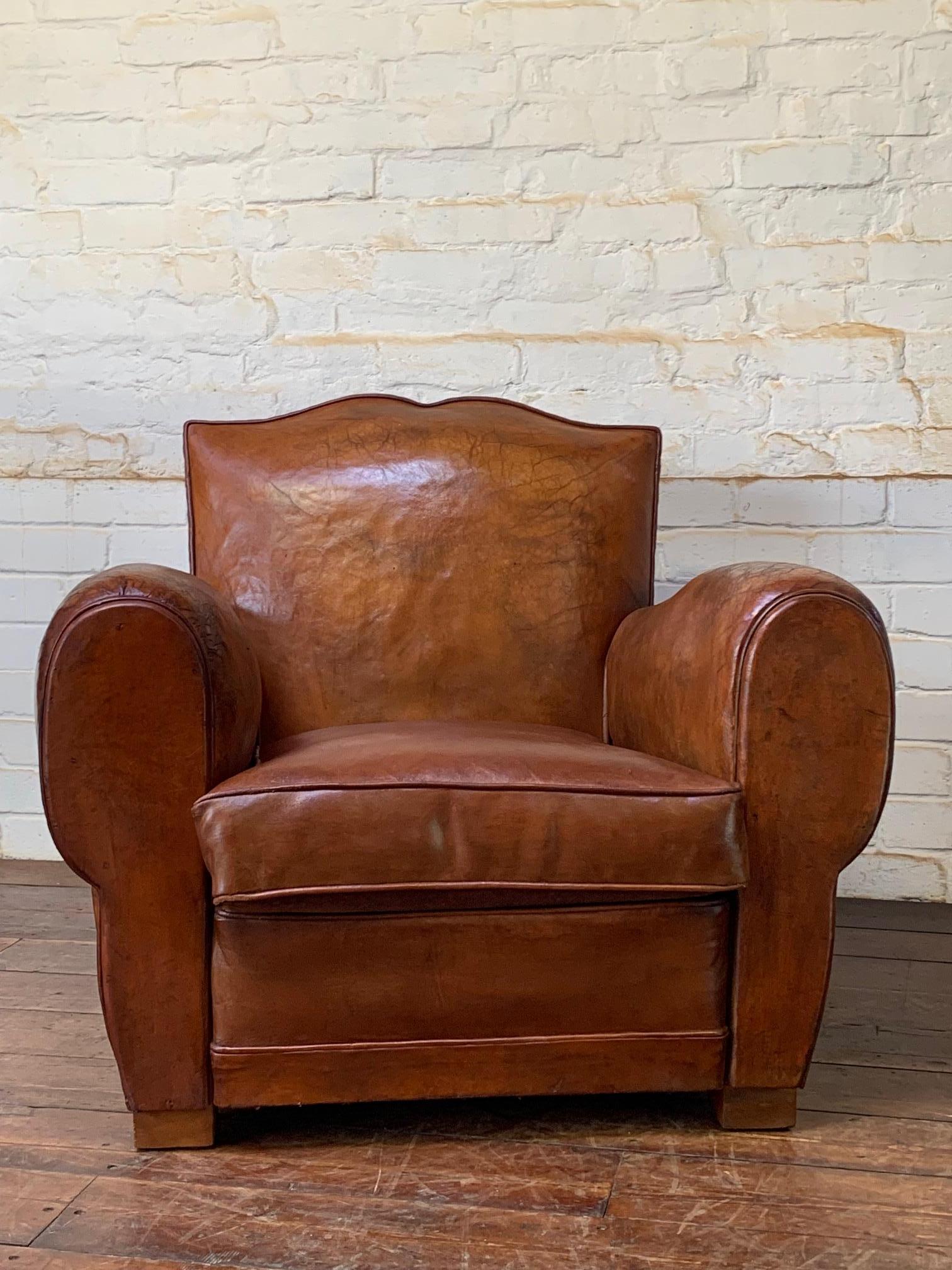 A Beautiful French Leather Club Chair Caramel Moustache, with Cuban Cigar Arms In Good Condition In Hastings, GB