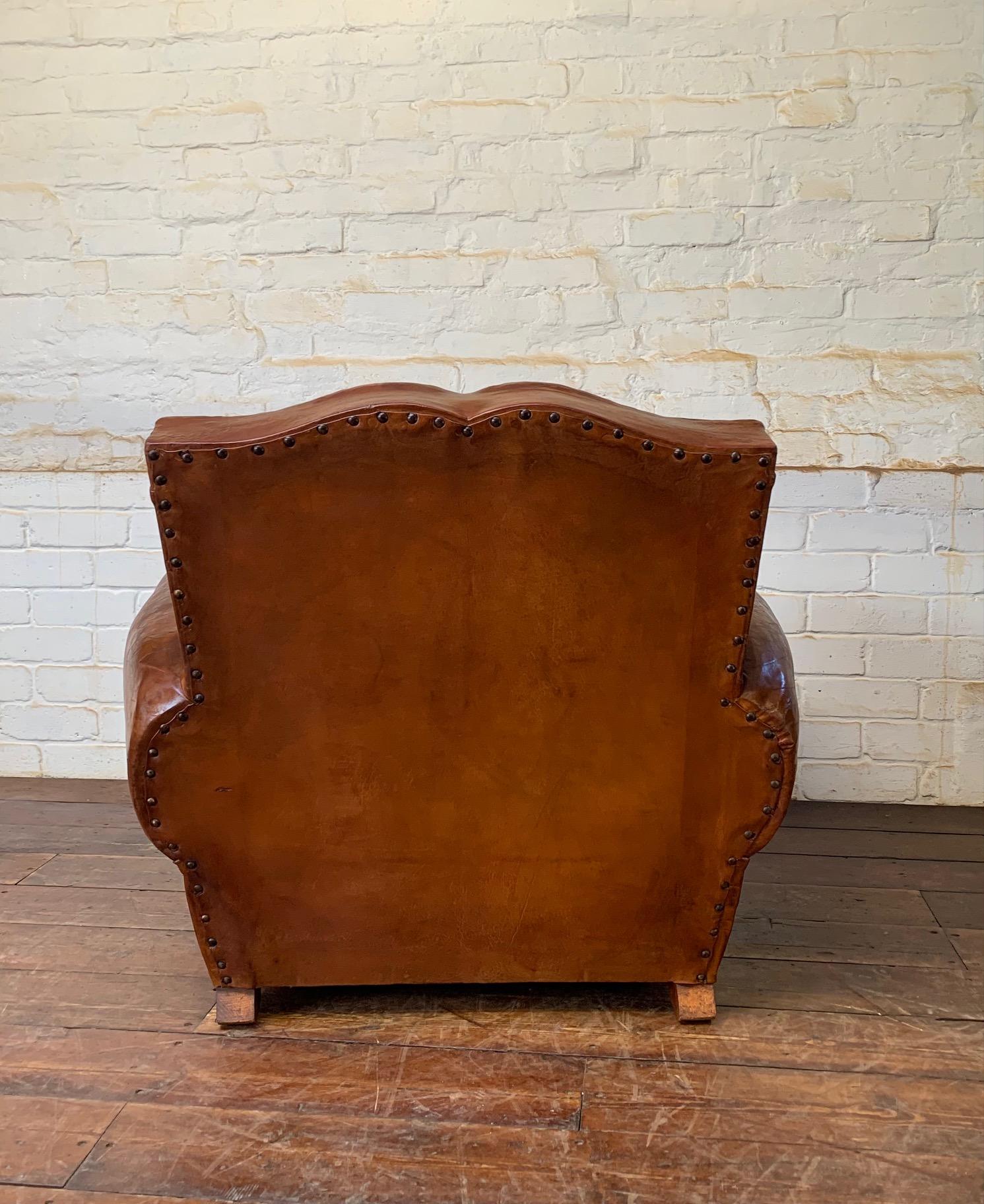 20th Century A Beautiful French Leather Club Chair Caramel Moustache, with Cuban Cigar Arms