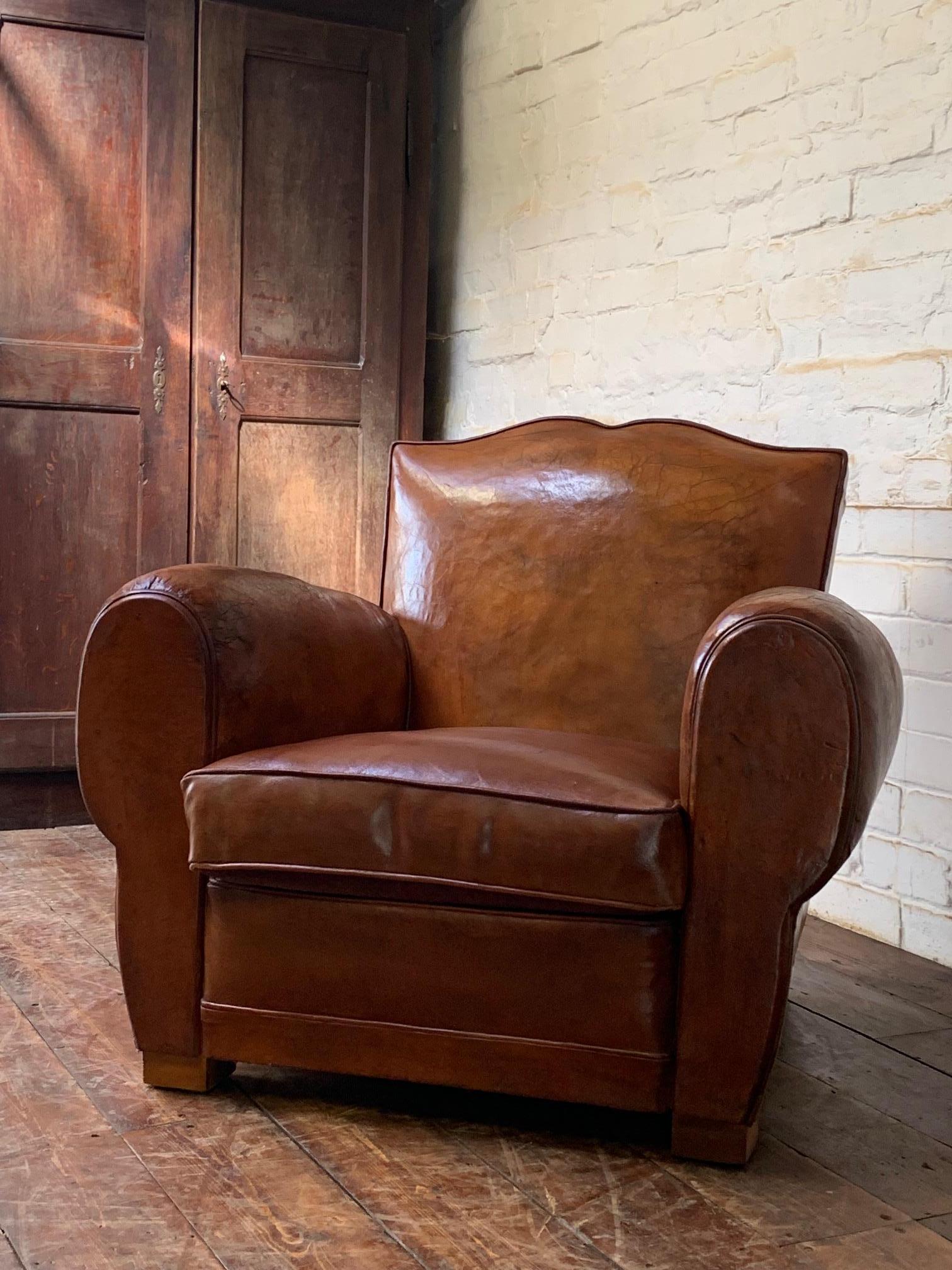 A Beautiful French Leather Club Chair Caramel Moustache, with Cuban Cigar Arms 4