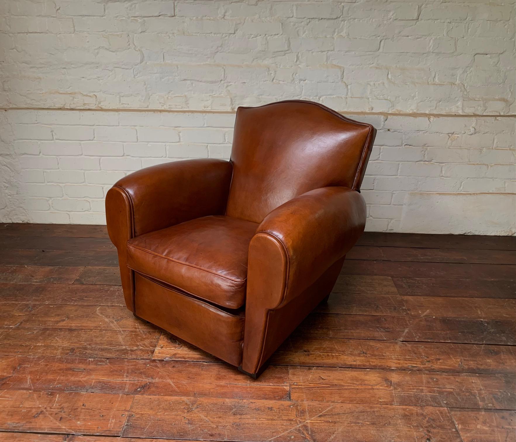 Art Deco A Beautiful French leather Club Chair, Chapeau de Gendarme Model, circa 1950’s