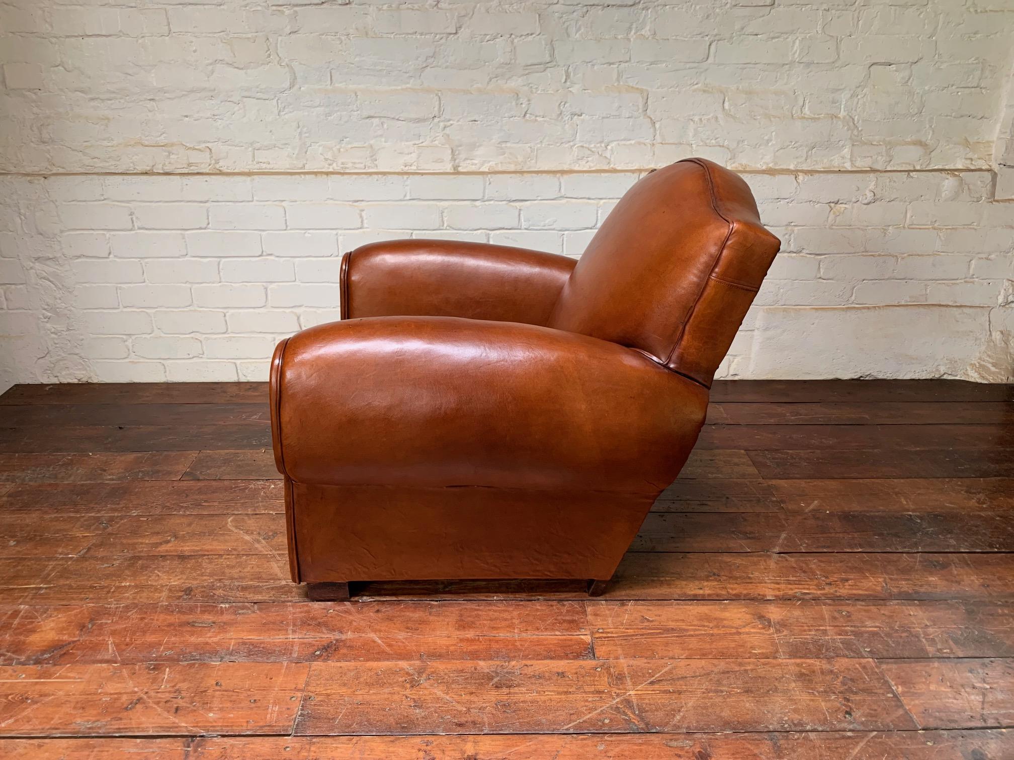 A Beautiful French leather Club Chair, Chapeau de Gendarme Model, circa 1950’s In Excellent Condition In Hastings, GB