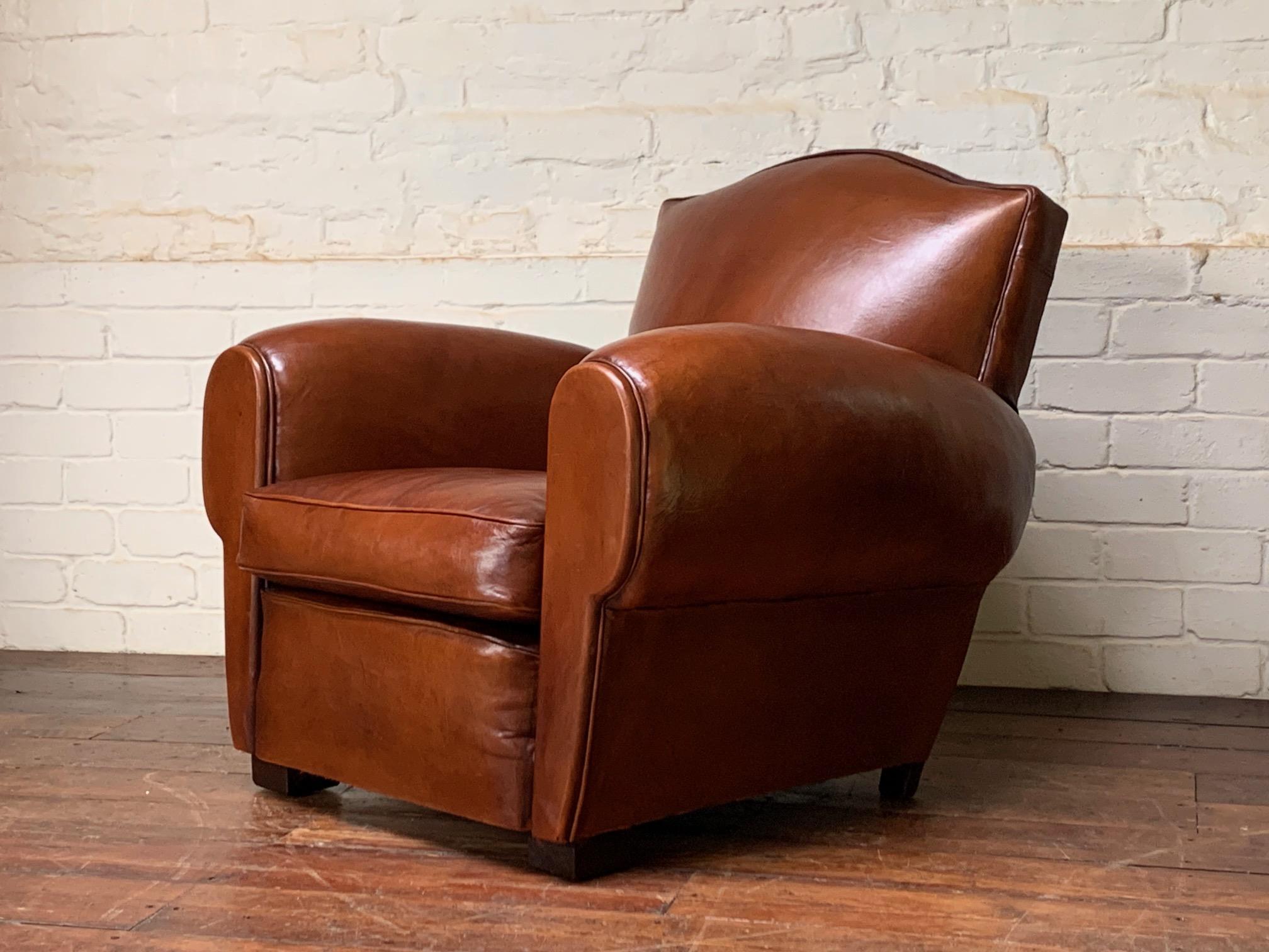 A Beautiful French leather Club Chair, Chapeau de Gendarme Model, circa 1950’s 1