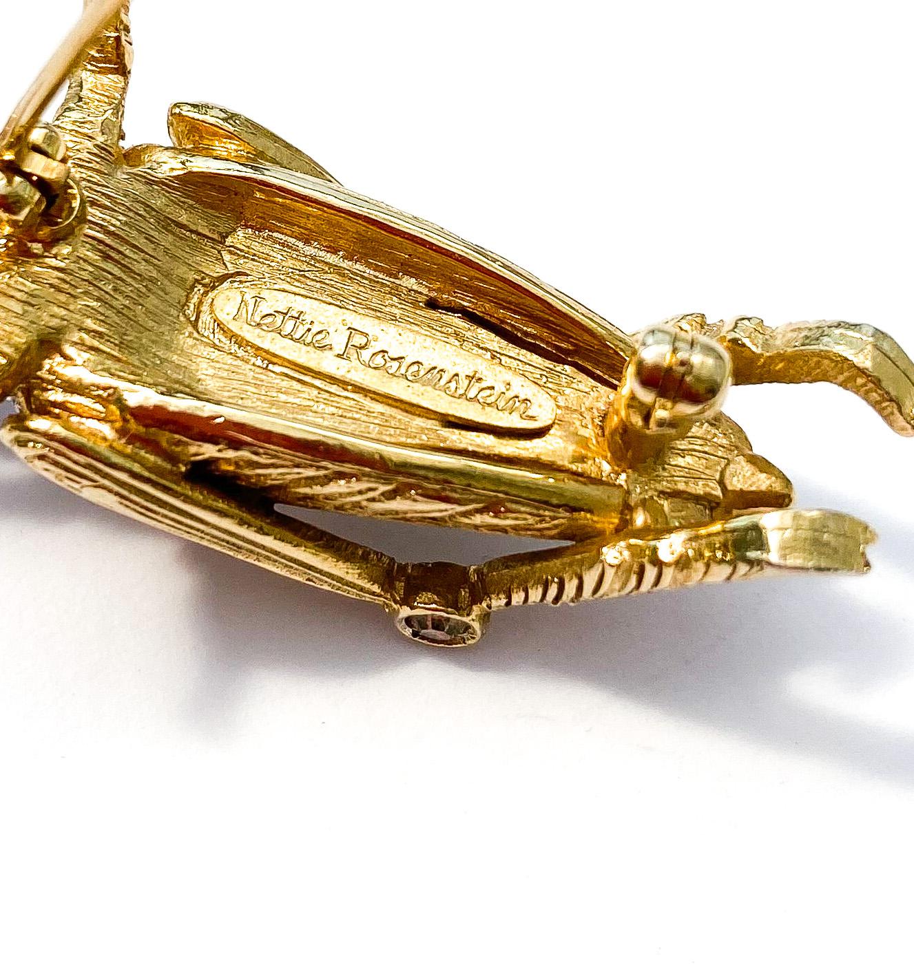 A beautiful gilt and clear paste 'grasshopper' brooch, Nettie Rosenstein, 1960s. For Sale 3