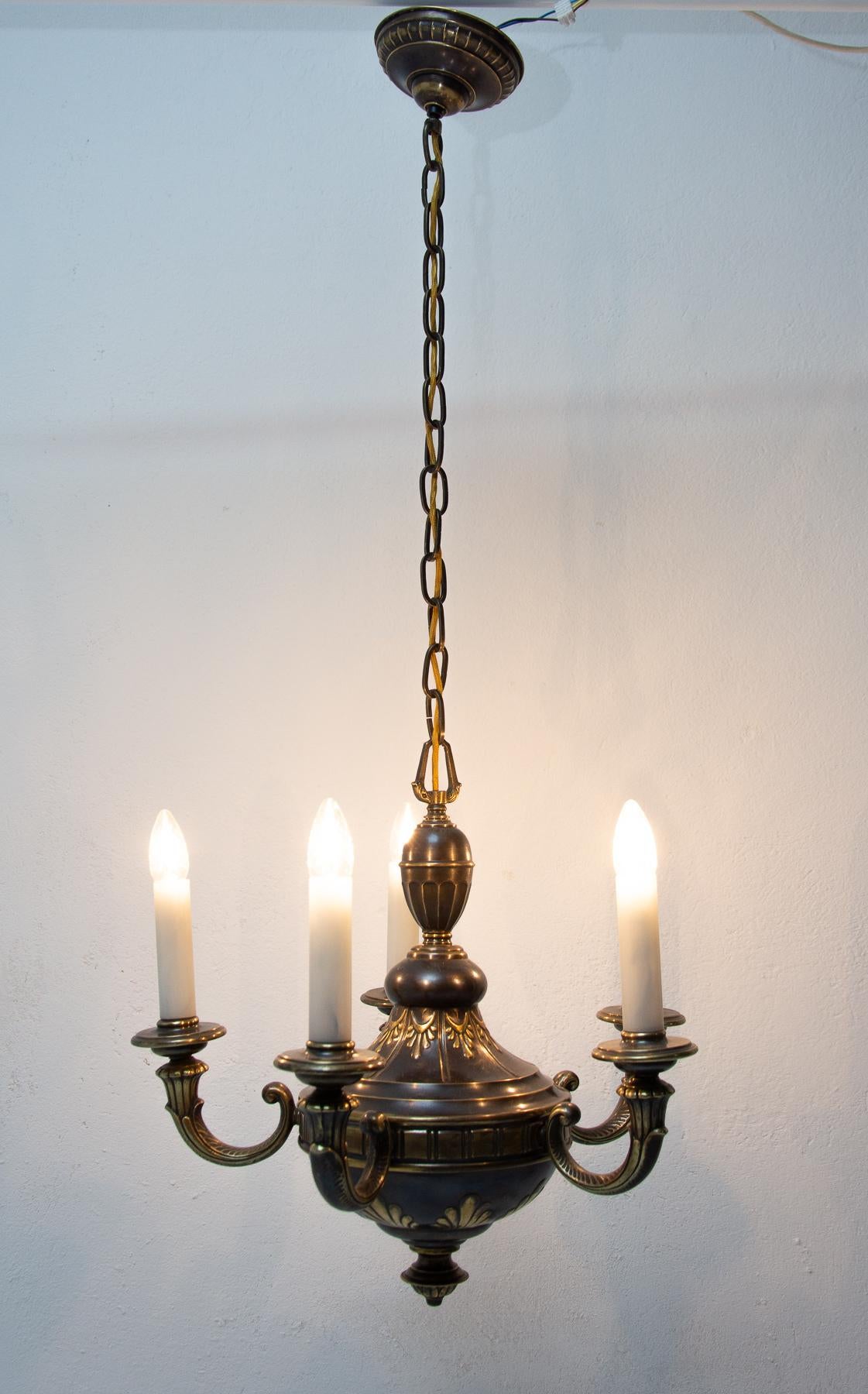 Beautiful Historicizing Brass Five-Armed Chandelier In Good Condition In Prague 8, CZ