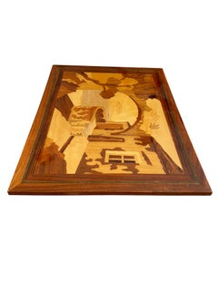Marquetry inlay panel depicting a coastal scene, Made in Italy