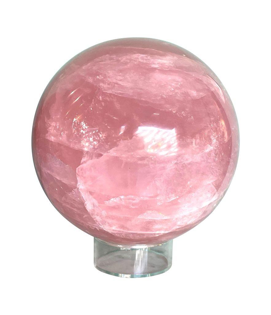 Malagasy A beautiful large Rose quartz polished sphere from Madagascar on acrylic stand For Sale