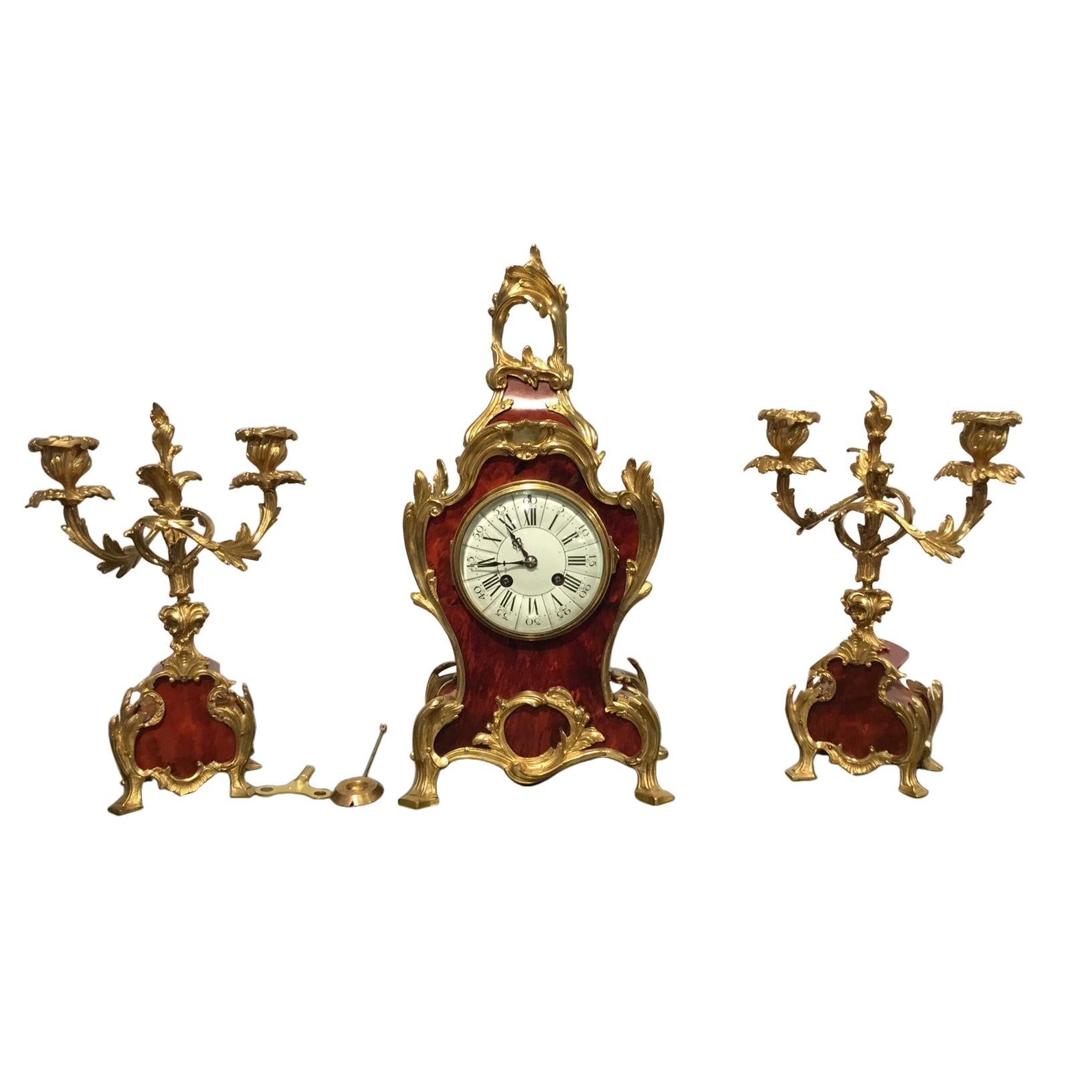 Beautiful Late 19th Century French Tortoise Shell and Ormolu Clock Garniture