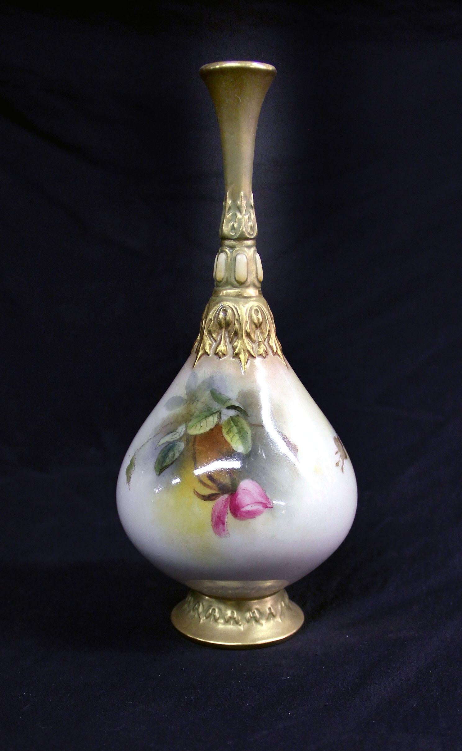 A beautiful late 19th century hand painted Royal Worcester porcelain flower vase

Painted with flowers on the front and back, the neck with raised gold designs.