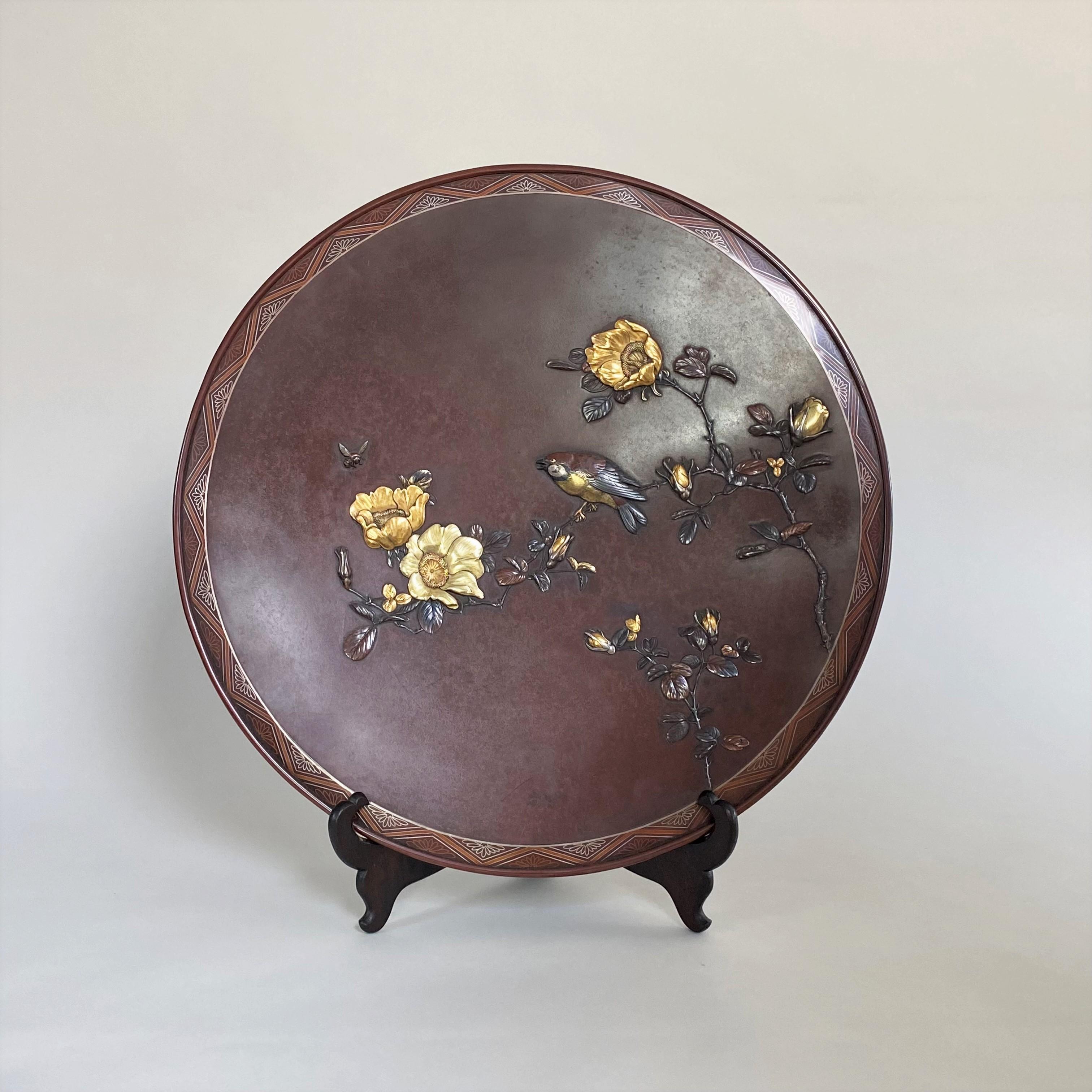 Meiji Beautiful, Late 19th Century Large Bronze and Multi-Metal Dish For Sale