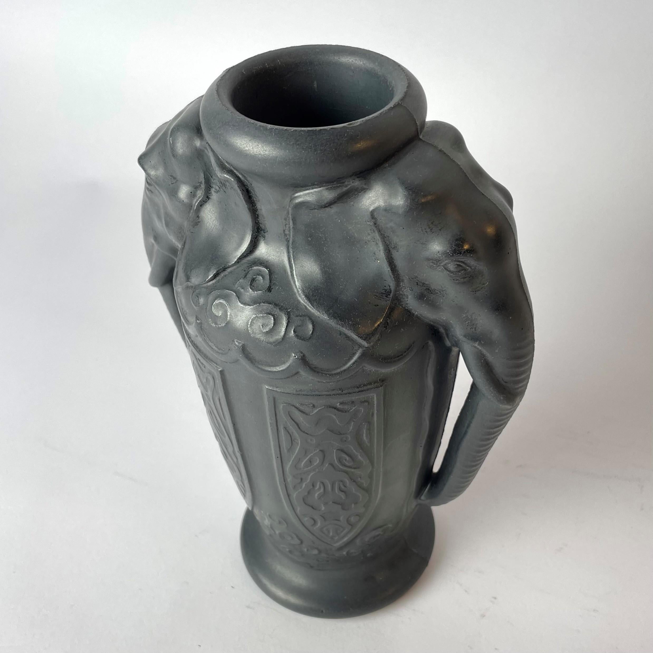 German Beautiful Lavanite Vase Decorated with Elephants, Art Nouveau, circa 1910 For Sale