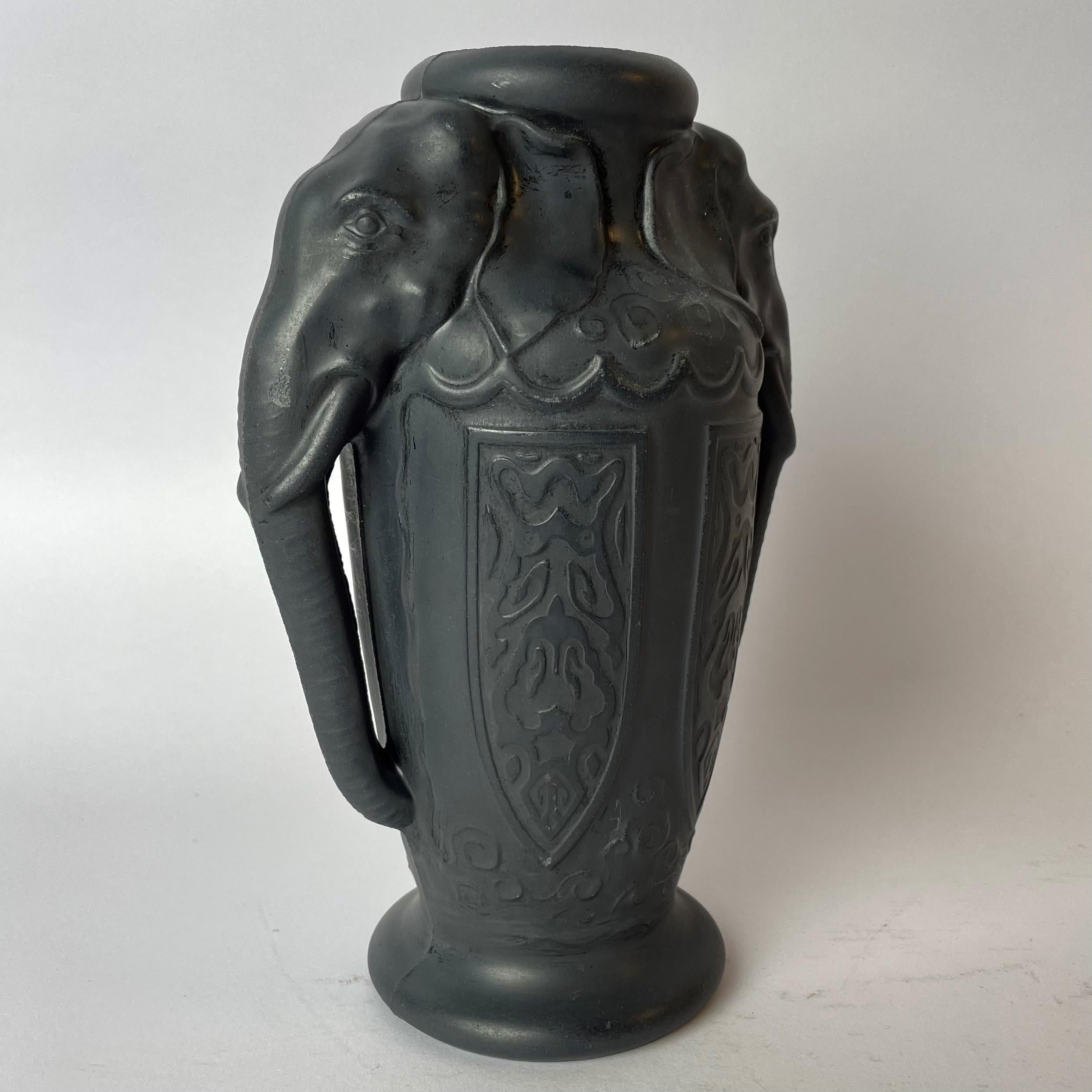 Early 20th Century Beautiful Lavanite Vase Decorated with Elephants, Art Nouveau, circa 1910 For Sale