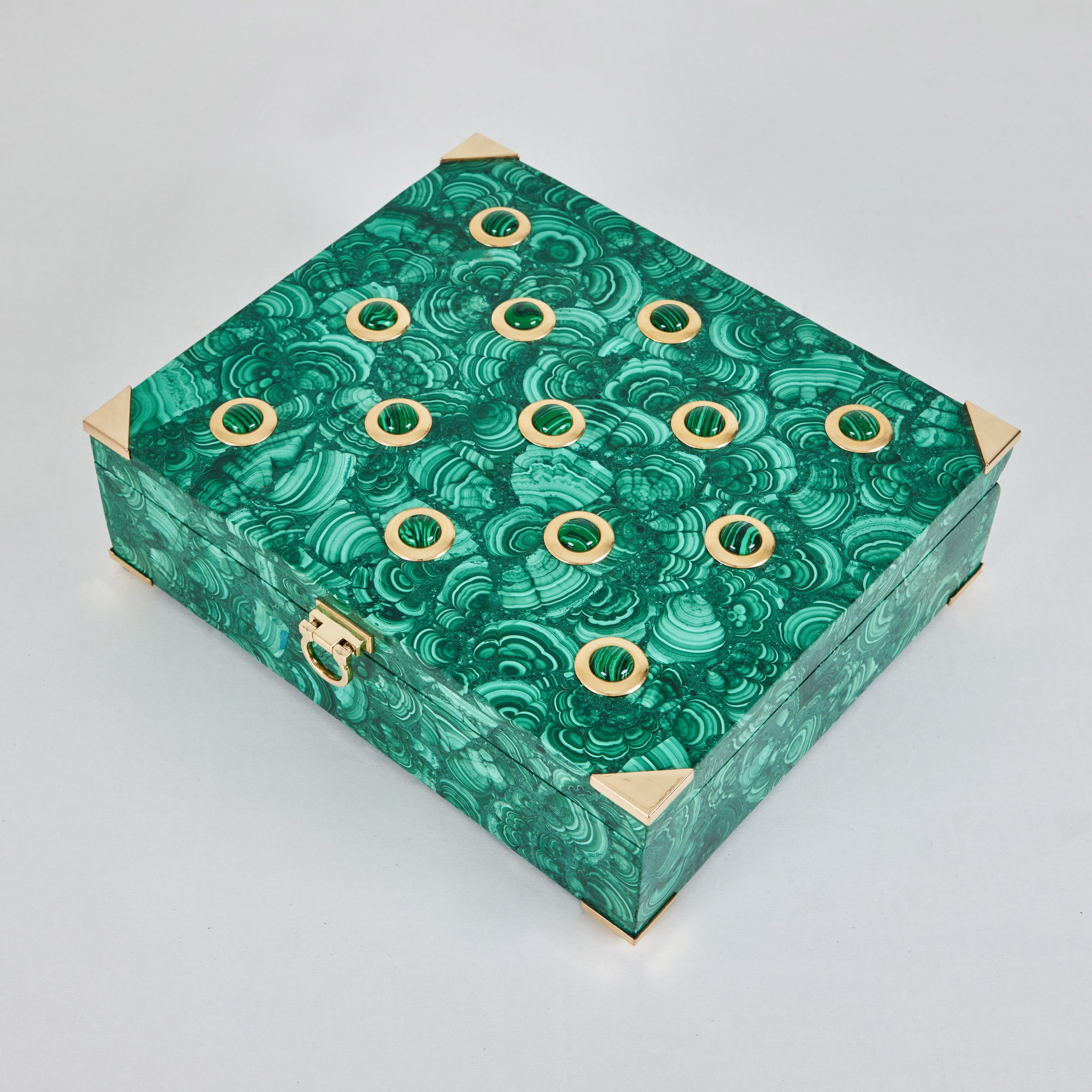Polished A Beautiful Malachite Box with Brass Details