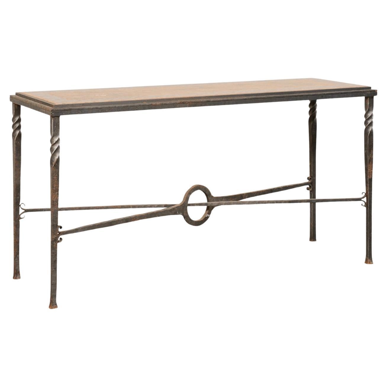 Beautiful Mosaic Stone Top Console Table W/Iron Base & Pass-Through Stretcher