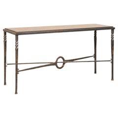 Vintage Beautiful Mosaic Stone Top Console Table W/Iron Base & Pass-Through Stretcher