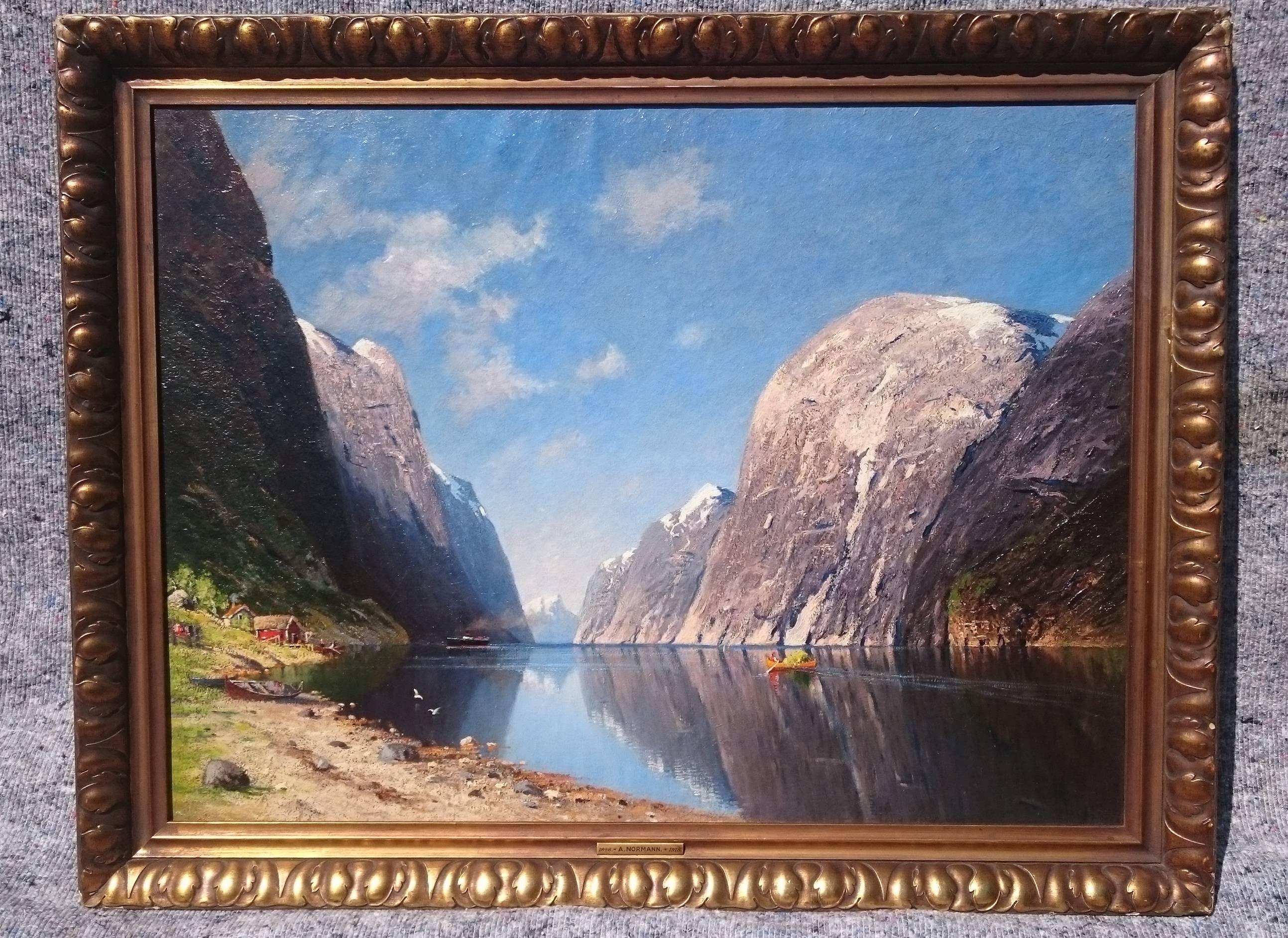 European Beautiful Norwegian Fjord Scene, Oil on Canvas, Attributed to Adelsteen Normann For Sale